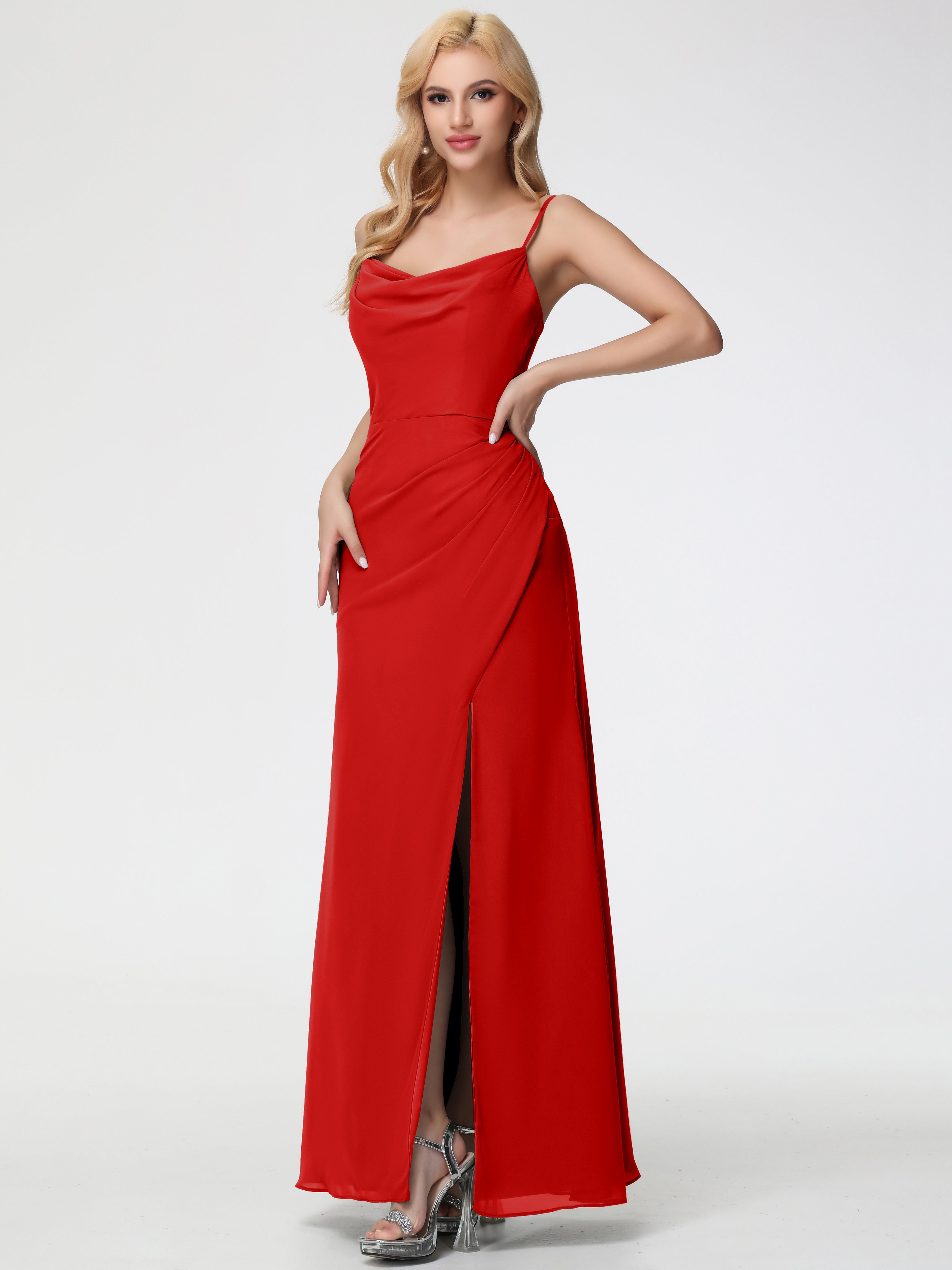 Red Bridesmaid Dress Spaghetti Straps Cowl Neck Sheath/Coulmn Ruched Floor Length Chiffon Bridesmaid Dress With Slit Red Bridesmaid Dress Spaghetti Straps Cowl Neck Sheath/Coulmn Ruched Floor Length Chiffon Bridesmaid Dress With Slit