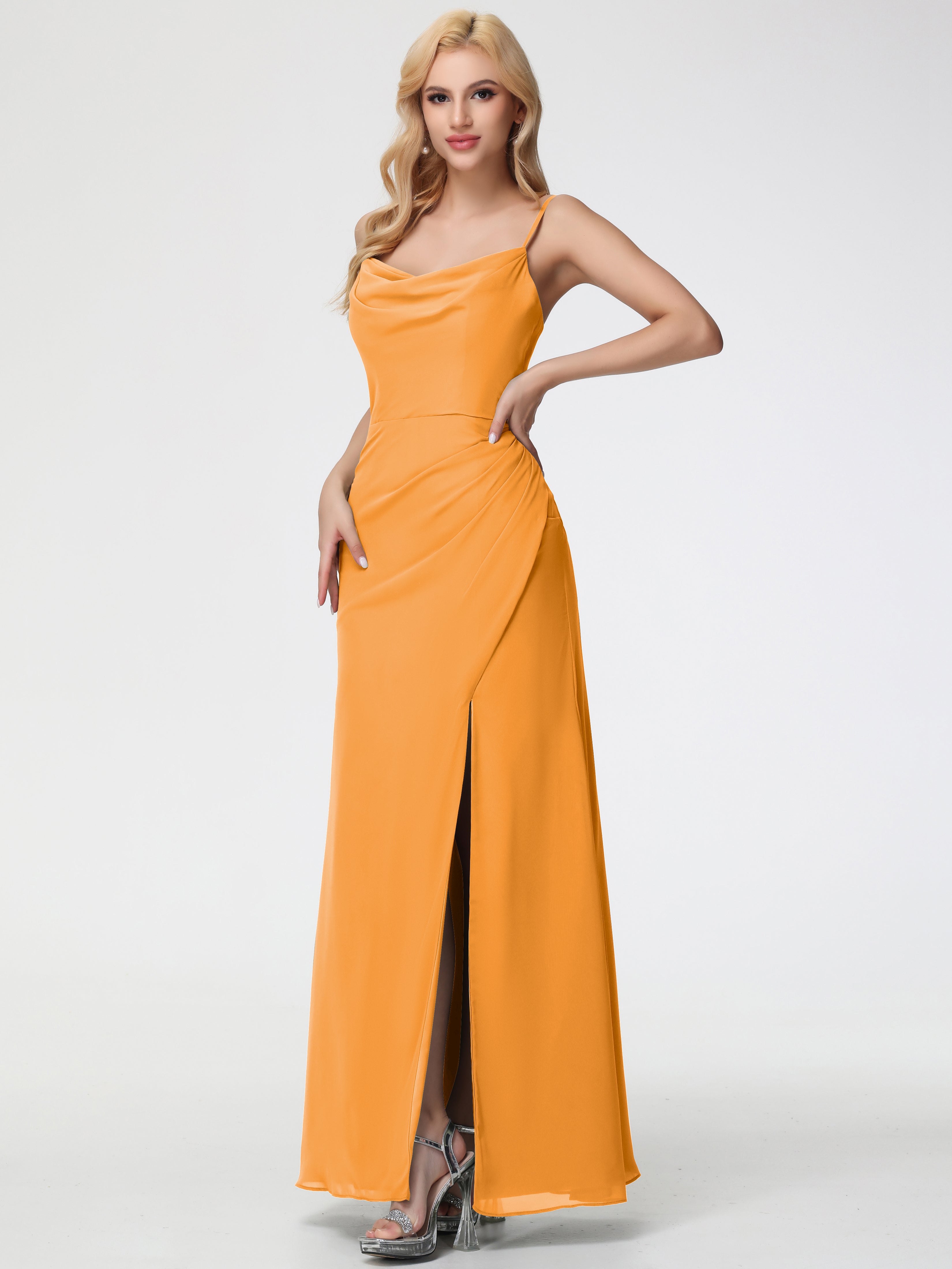 Tangerine Bridesmaid Dress Spaghetti Straps Cowl Neck Sheath/Coulmn Ruched Floor Length Chiffon Bridesmaid Dress With Slit Tangerine Bridesmaid Dress Spaghetti Straps Cowl Neck Sheath/Coulmn Ruched Floor Length Chiffon Bridesmaid Dress With Slit