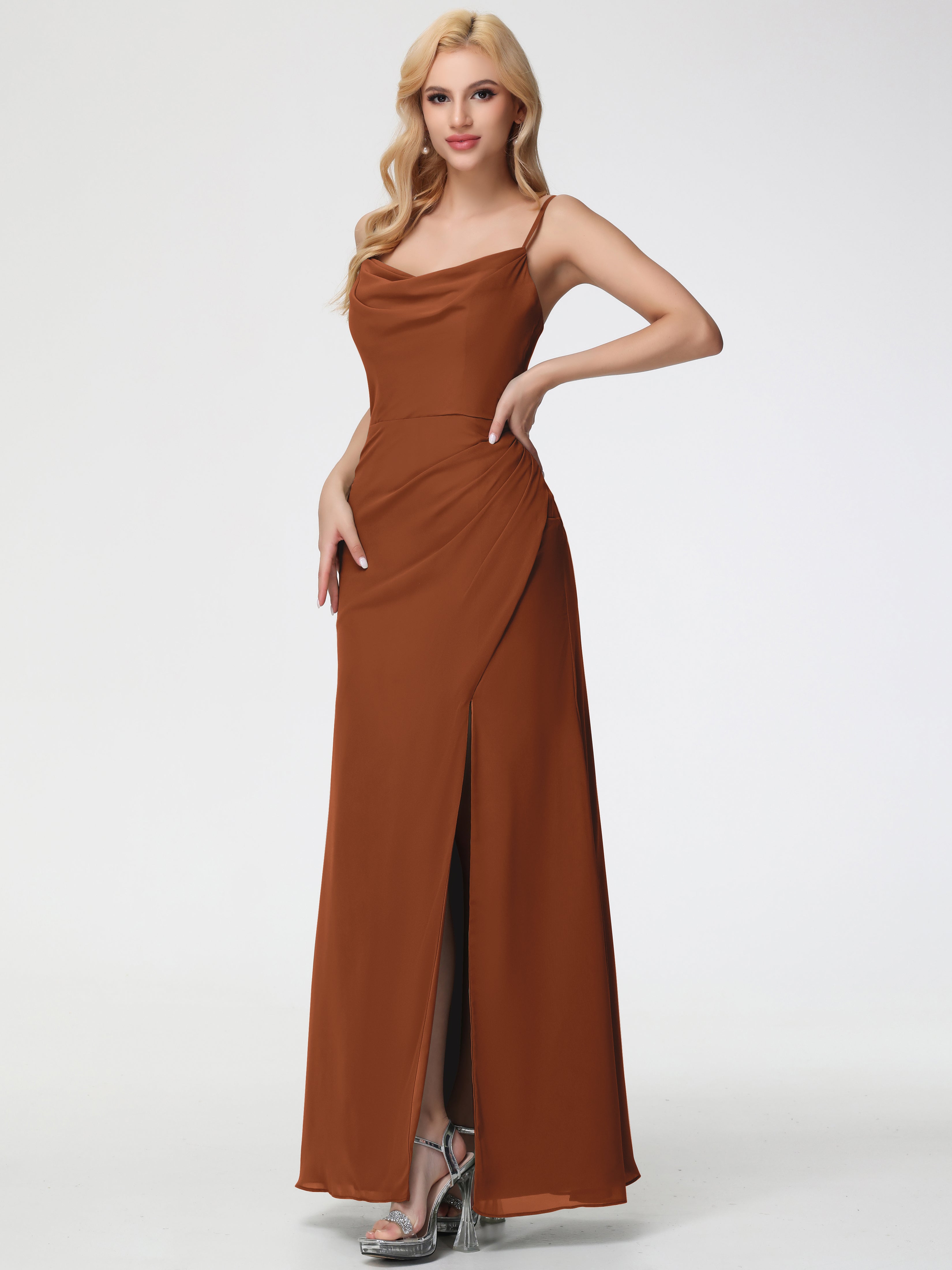 Terracotta Bridesmaid Dress Spaghetti Straps Cowl Neck Sheath/Coulmn Ruched Floor Length Chiffon Bridesmaid Dress With Slit Terracotta Bridesmaid Dress Spaghetti Straps Cowl Neck Sheath/Coulmn Ruched Floor Length Chiffon Bridesmaid Dress With Slit
