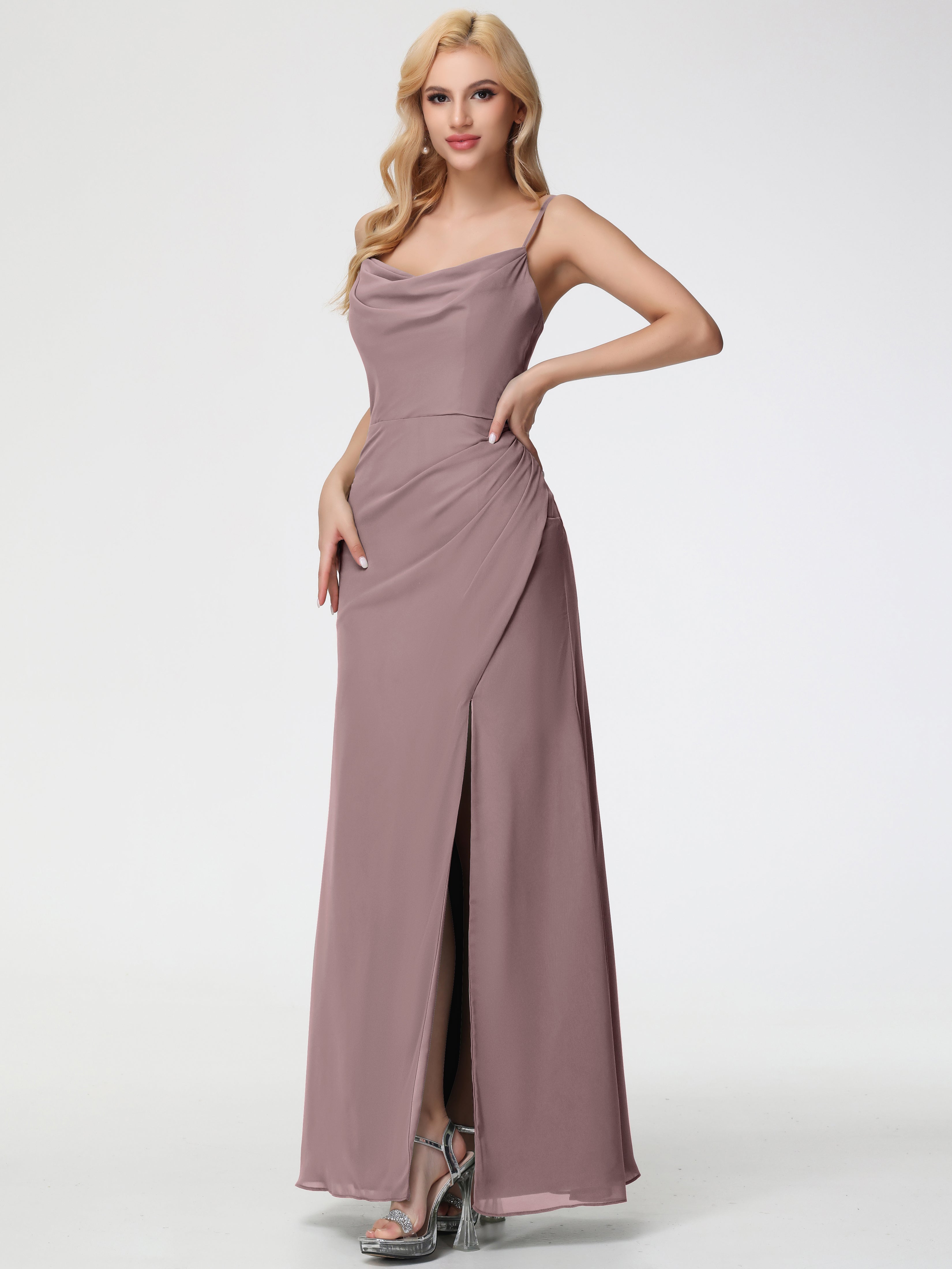 Vintage Mauve Bridesmaid Dress Spaghetti Straps Cowl Neck Sheath/Coulmn Ruched Floor Length Chiffon Bridesmaid Dress With Slit Vintage Mauve Bridesmaid Dress Spaghetti Straps Cowl Neck Sheath/Coulmn Ruched Floor Length Chiffon Bridesmaid Dress With Slit