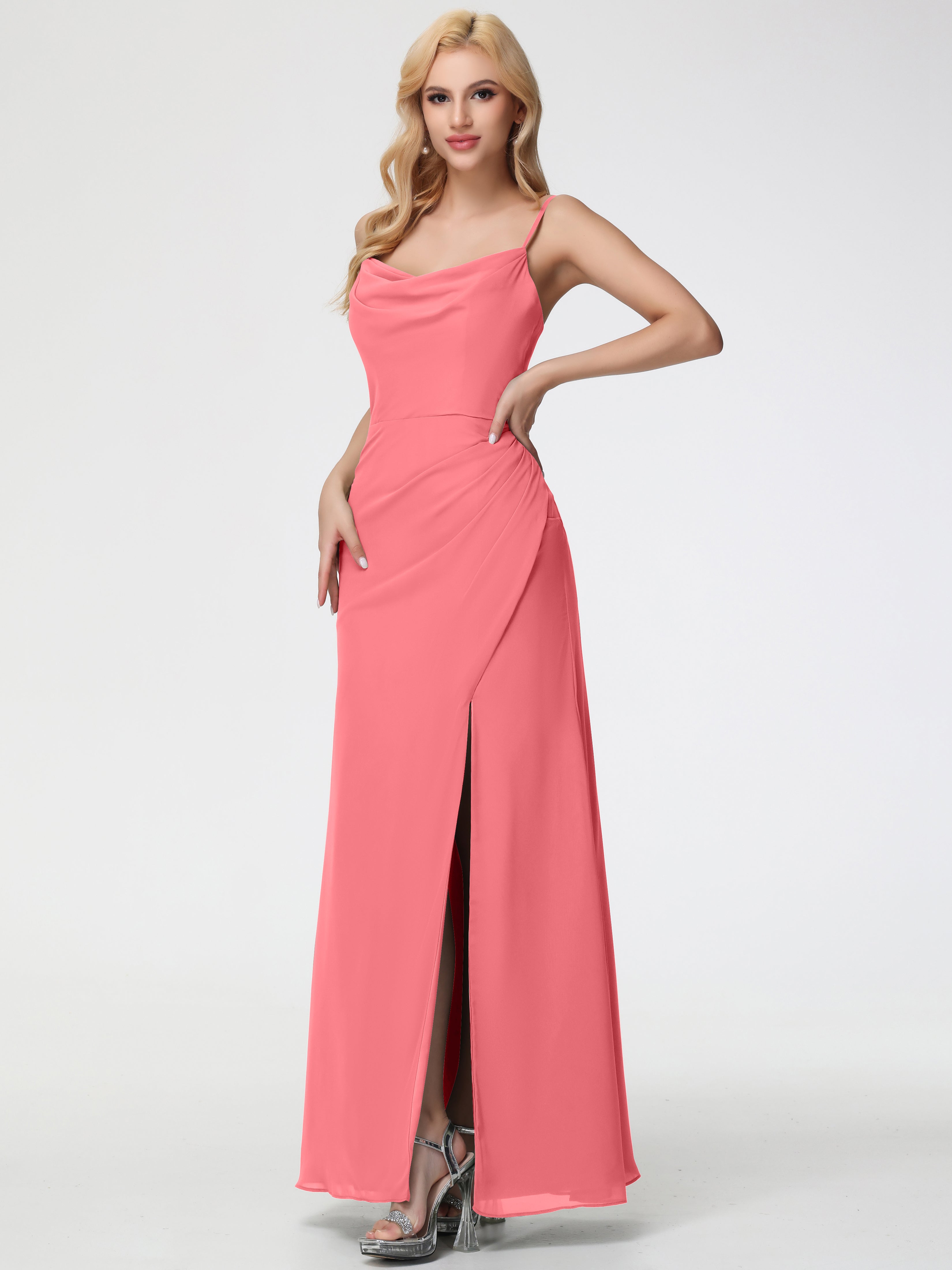 Watermelon Bridesmaid Dress Spaghetti Straps Cowl Neck Sheath/Coulmn Ruched Floor Length Chiffon Bridesmaid Dress With Slit Watermelon Bridesmaid Dress Spaghetti Straps Cowl Neck Sheath/Coulmn Ruched Floor Length Chiffon Bridesmaid Dress With Slit