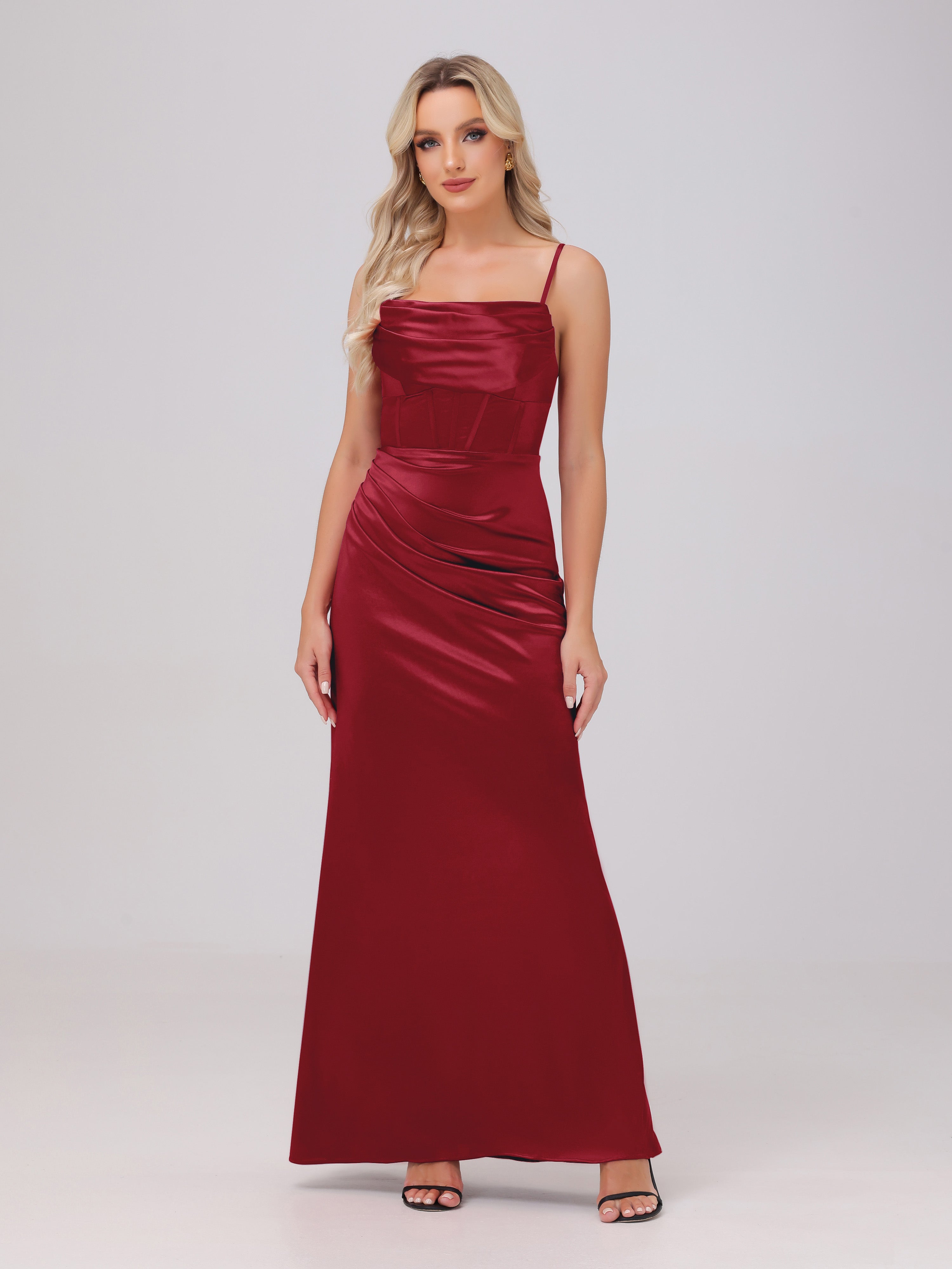 Formal Dress Burgundy Dresses Spaghetti Straps Ruched Floor Length Stretch Satin Formal Dresses