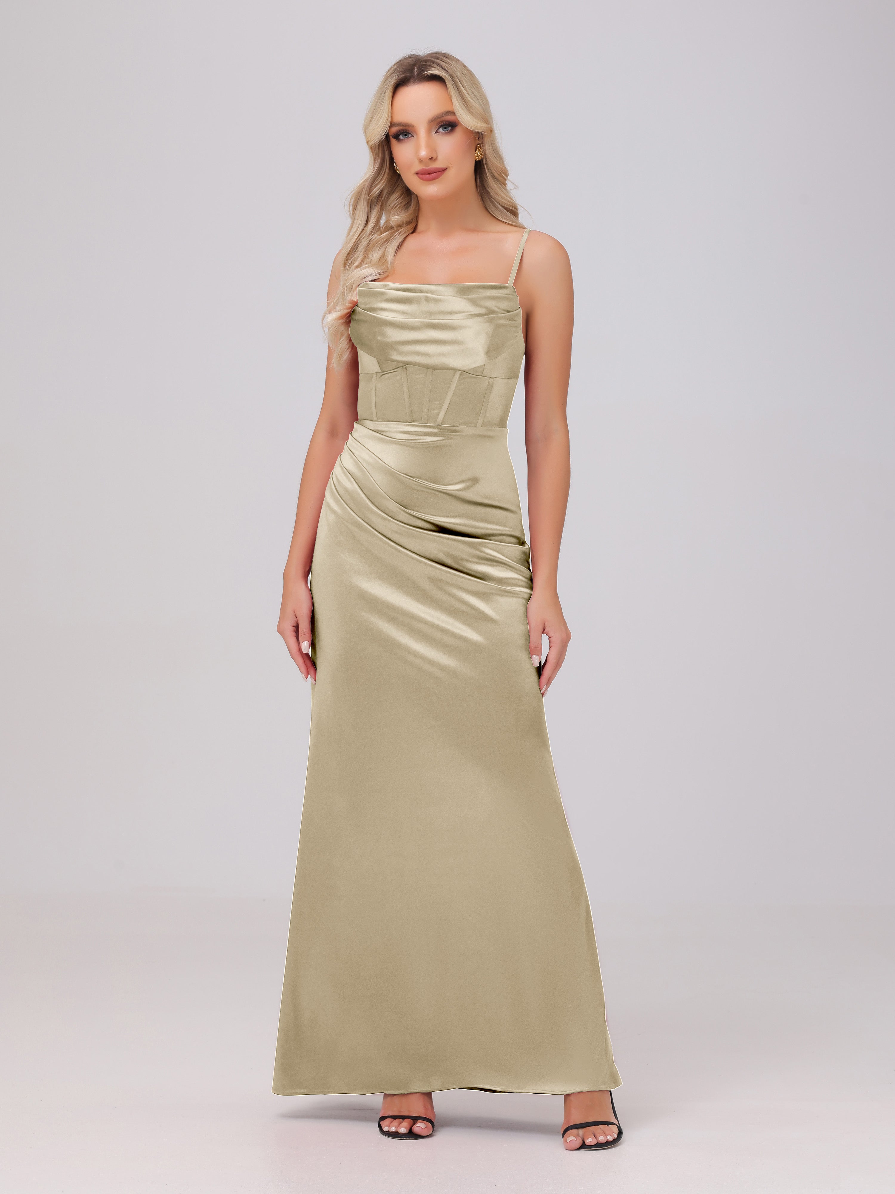 champagne satin ruched dress KissProm