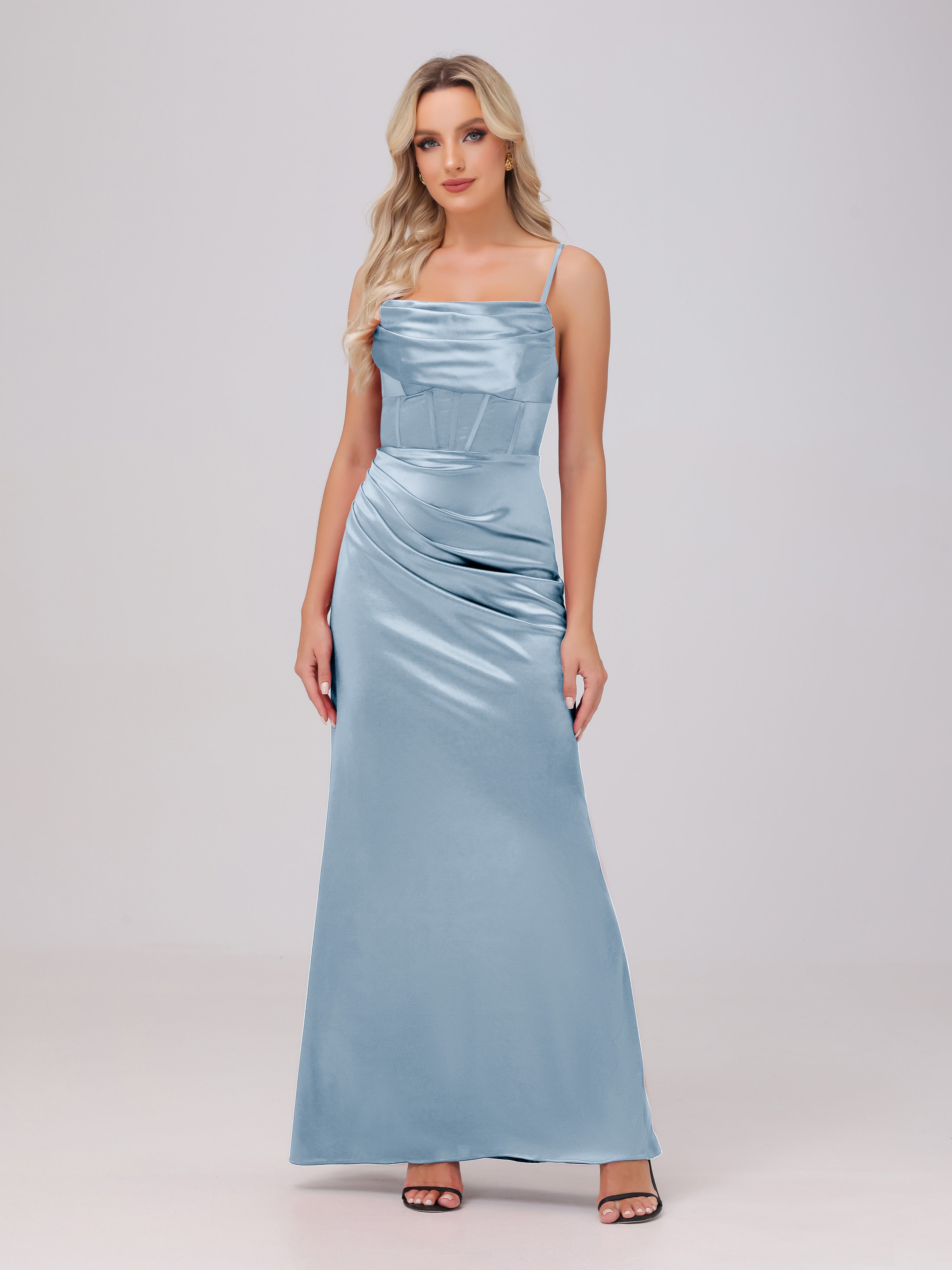 Dusty Blue Prom Dresses Satin Spaghetti Straps Ruched Floor Length Str Dusty Blue Prom Dresses Satin Spaghetti Straps Ruched Floor Length Str