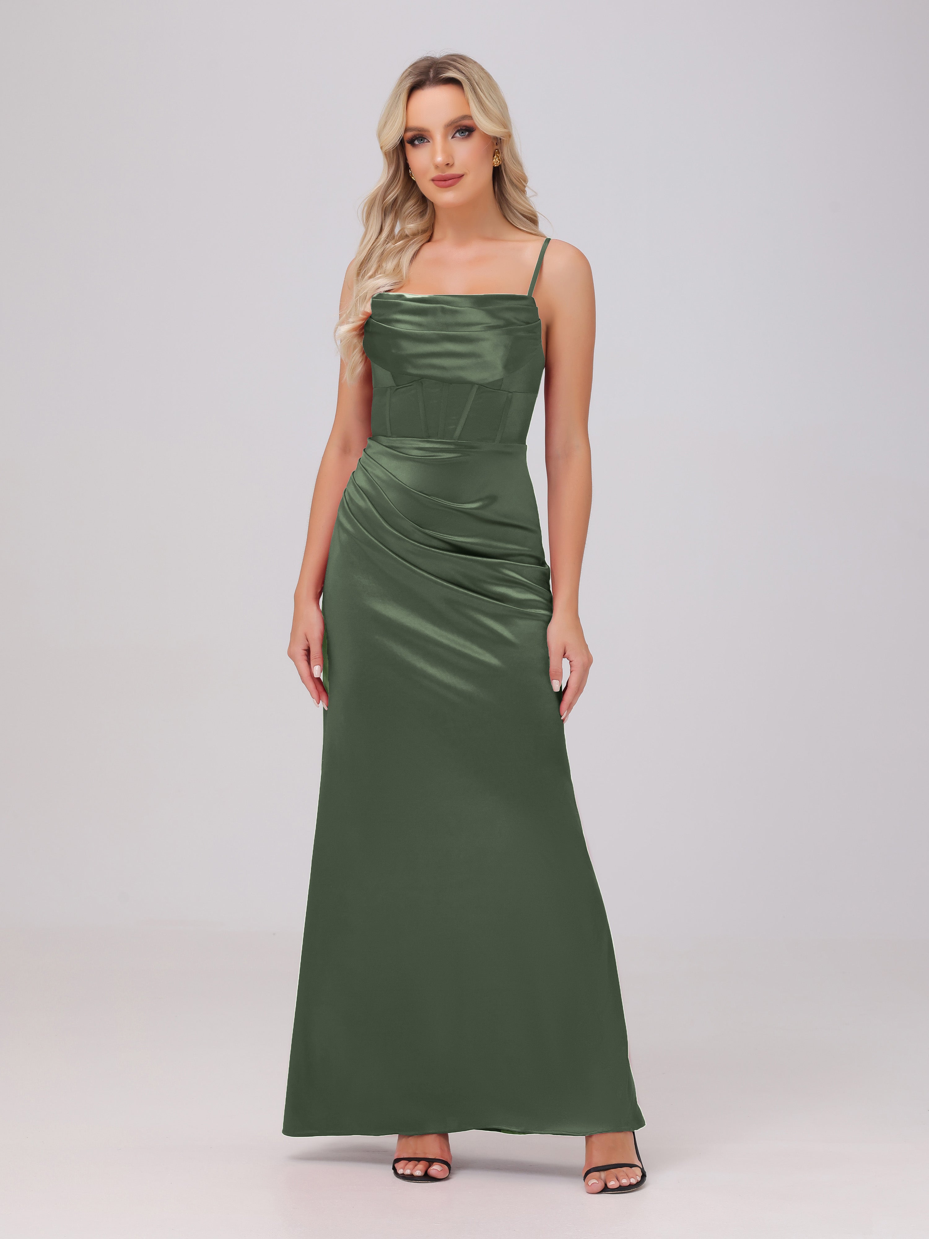 Formal Dresses Olive Green Spaghetti Straps Ruched Floor Length Stretc