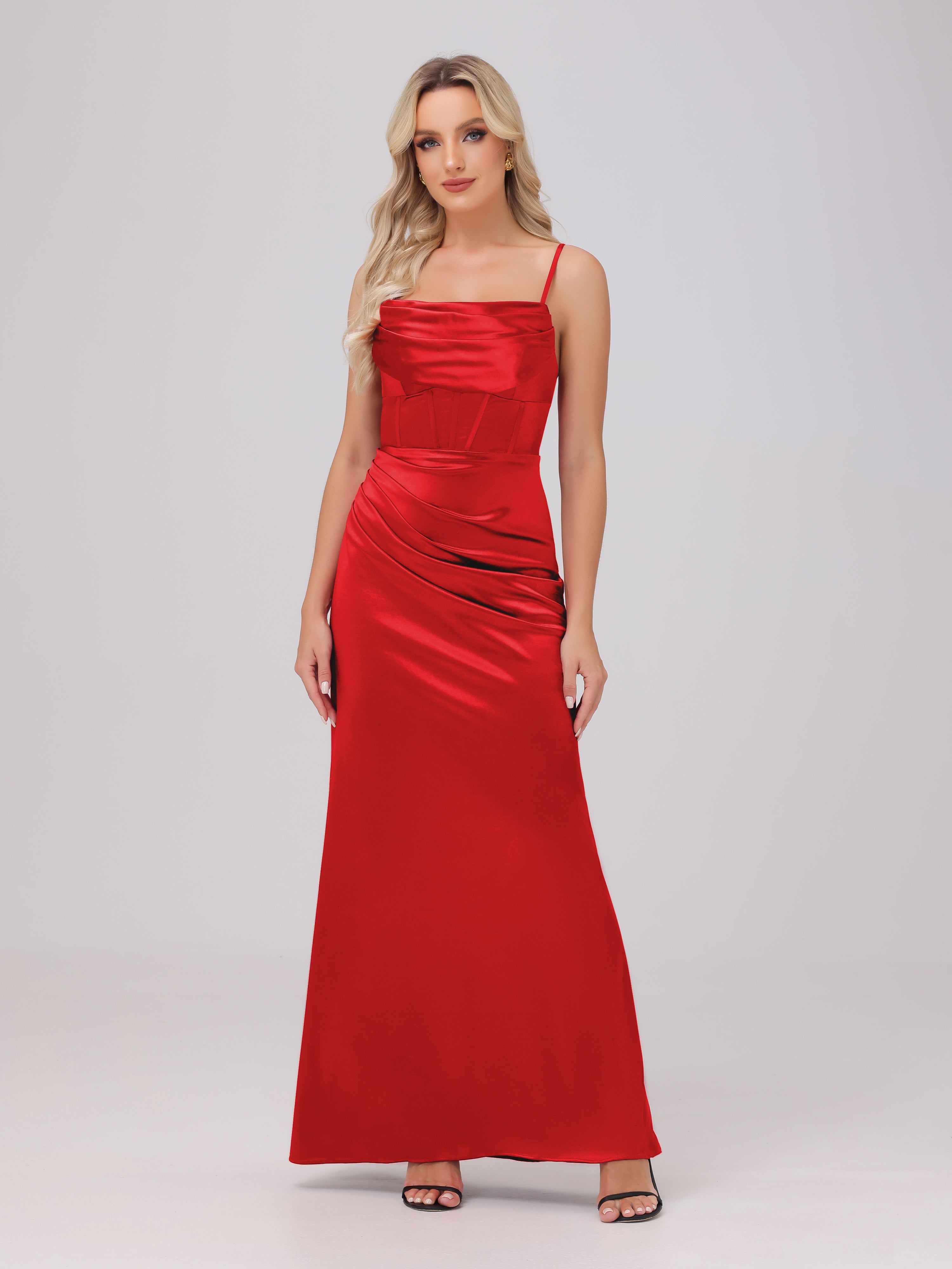 Red Mermaid Prom Dresses Spaghetti Straps Ruched Floor Length Stretch Red Mermaid Prom Dresses Spaghetti Straps Ruched Floor Length Stretch