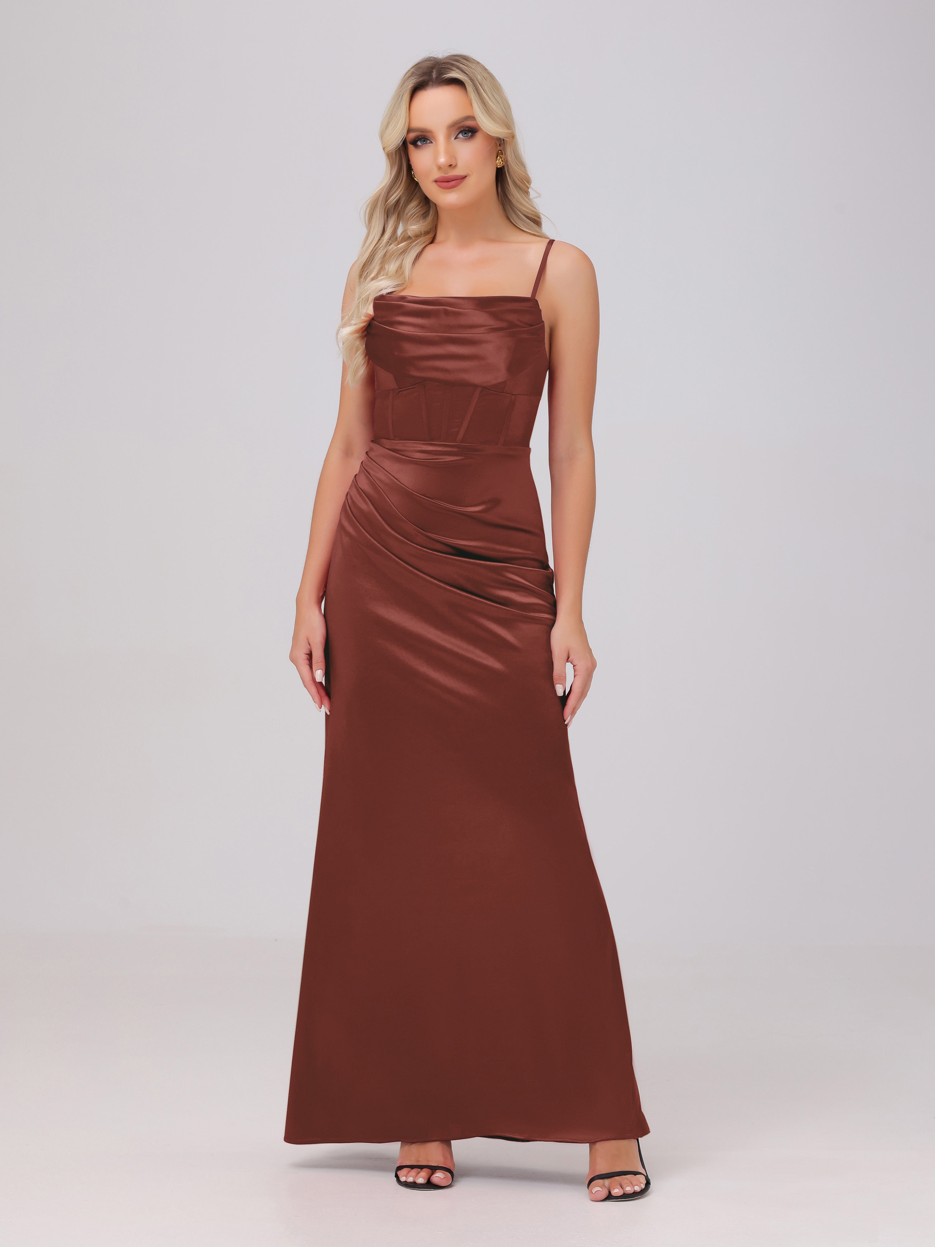 Formal Dress Terracotta Color Dress Spaghetti Straps Ruched Floor Length Stretch Satin Formal Dresses Formal Dress Terracotta Color Dress Spaghetti Straps Ruched Floor Length Stretch Satin Formal Dresses