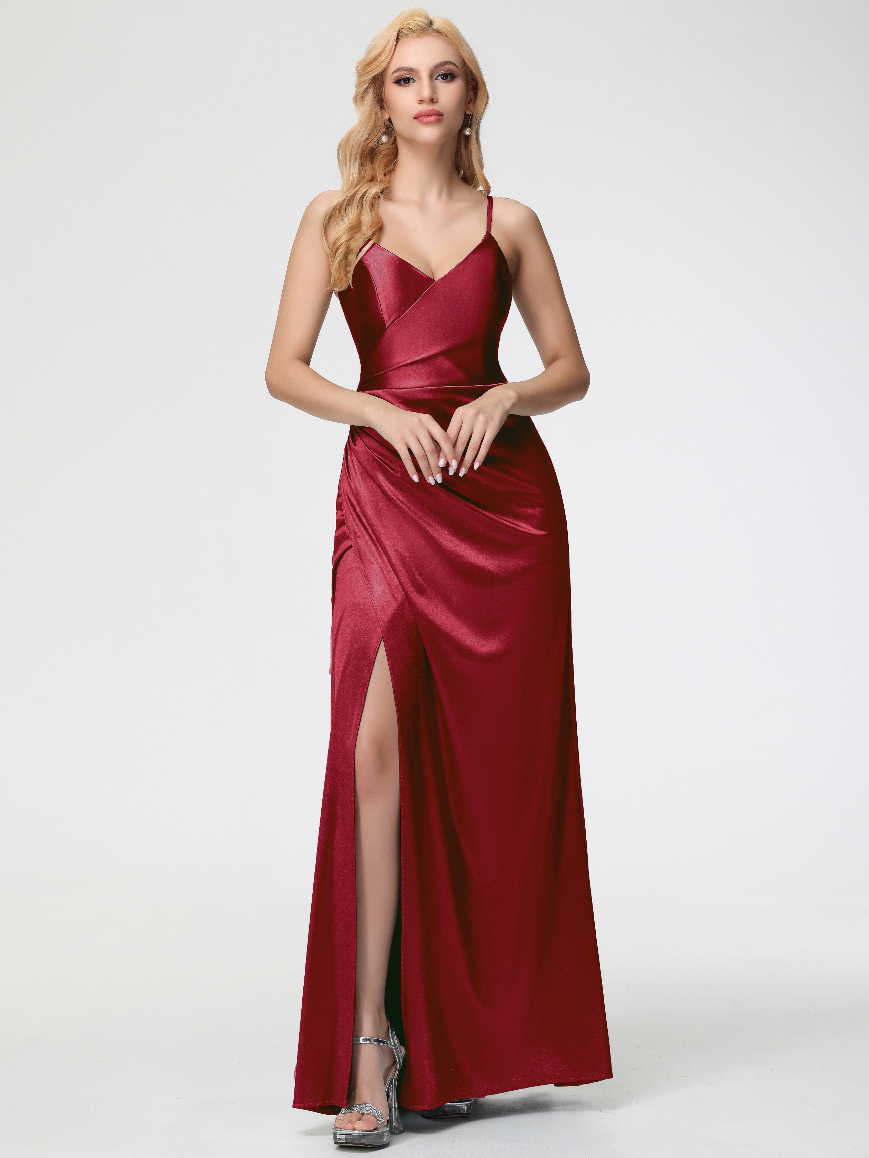 Formal Burgundy Dresses Spaghetti Straps V-Neck Floor Length Stretch S Formal Burgundy Dresses Spaghetti Straps V-Neck Floor Length Stretch S