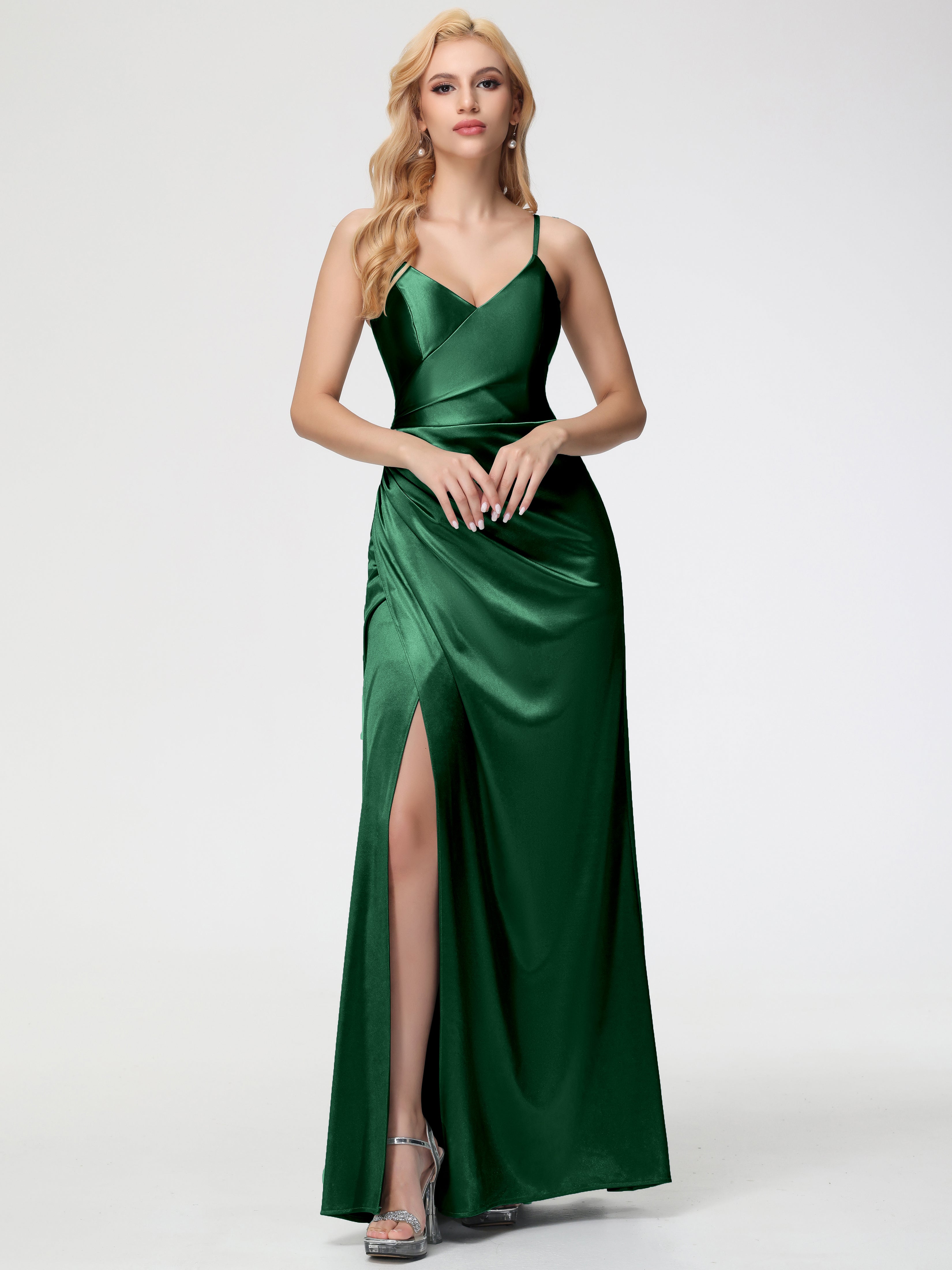 Dark Green Stretch Satin Formal Dresses Spaghetti Straps V-Neck Floor Length Stretch Satin Formal Dress With Slit Dark Green Stretch Satin Formal Dresses Spaghetti Straps V-Neck Floor Length Stretch Satin Formal Dress With Slit
