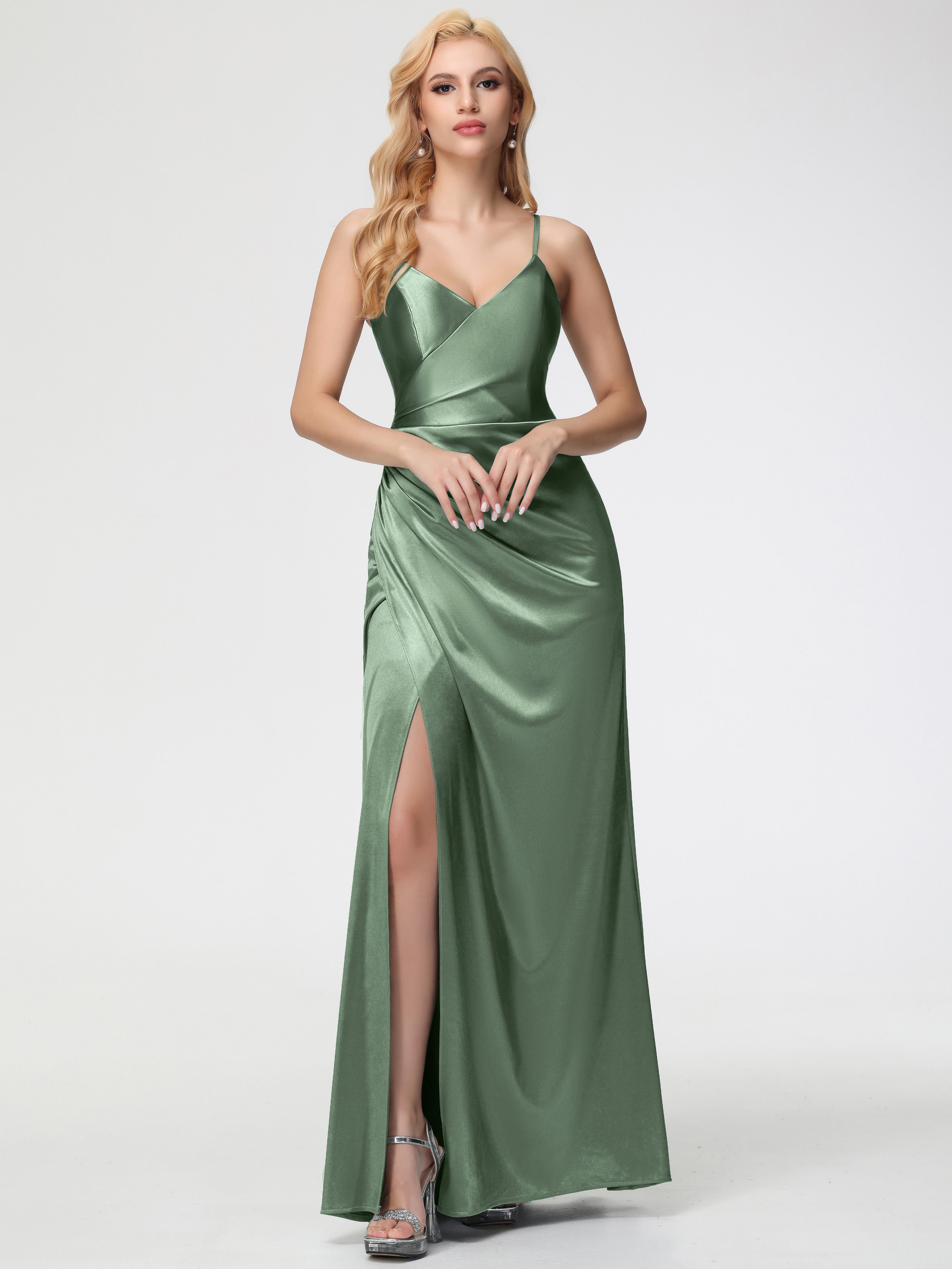 Dusty Sage Formal Dress Spaghetti Straps V-Neck Floor Length Stretch Satin Formal Dress with Slit Dusty Sage Formal Dress Spaghetti Straps V-Neck Floor Length Stretch Satin Formal Dress with Slit