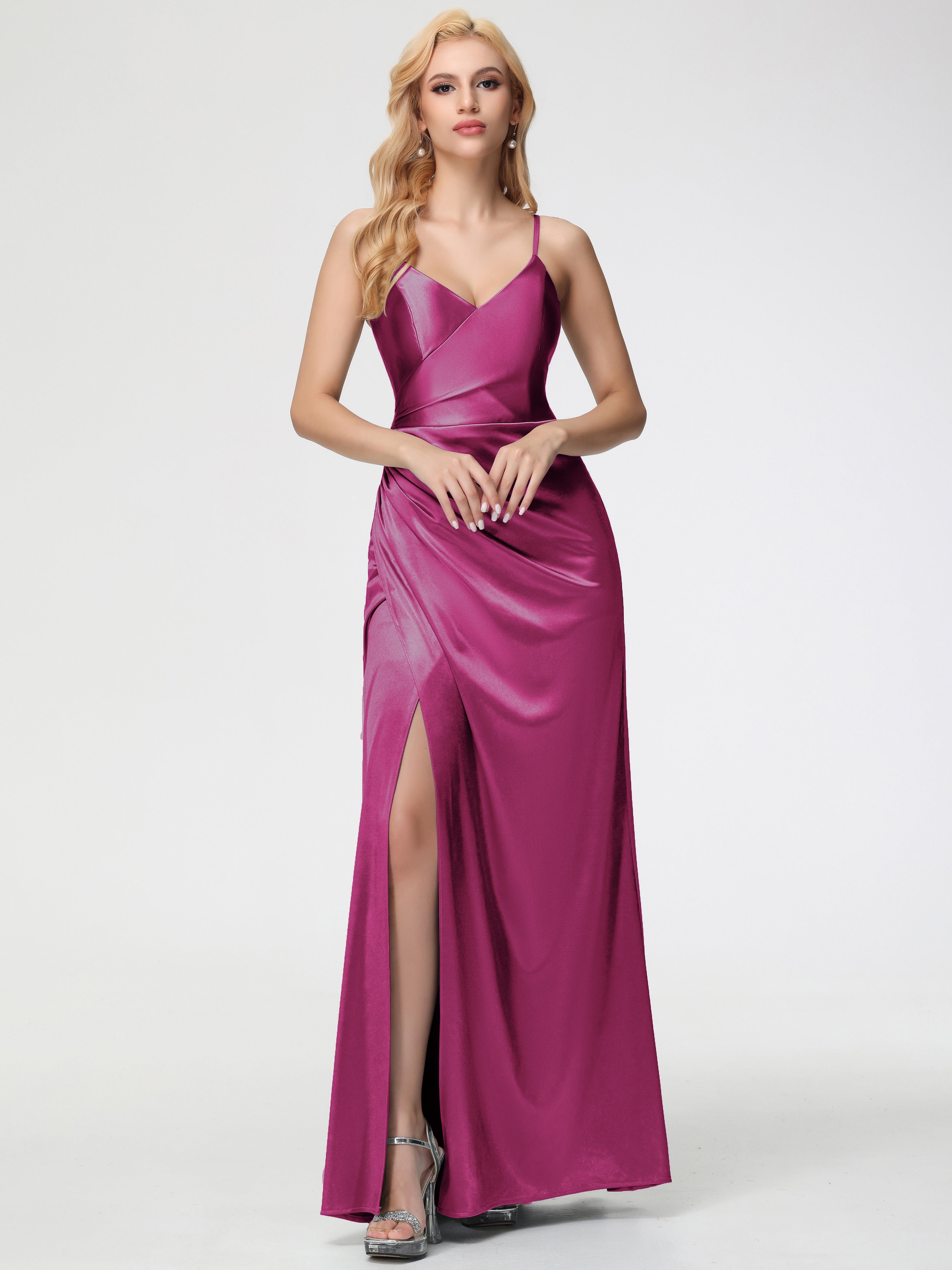 Prom Dress Fuchsia Spaghetti Straps V-Neck Floor Length Stretch Satin Prom Dress Fuchsia Spaghetti Straps V-Neck Floor Length Stretch Satin
