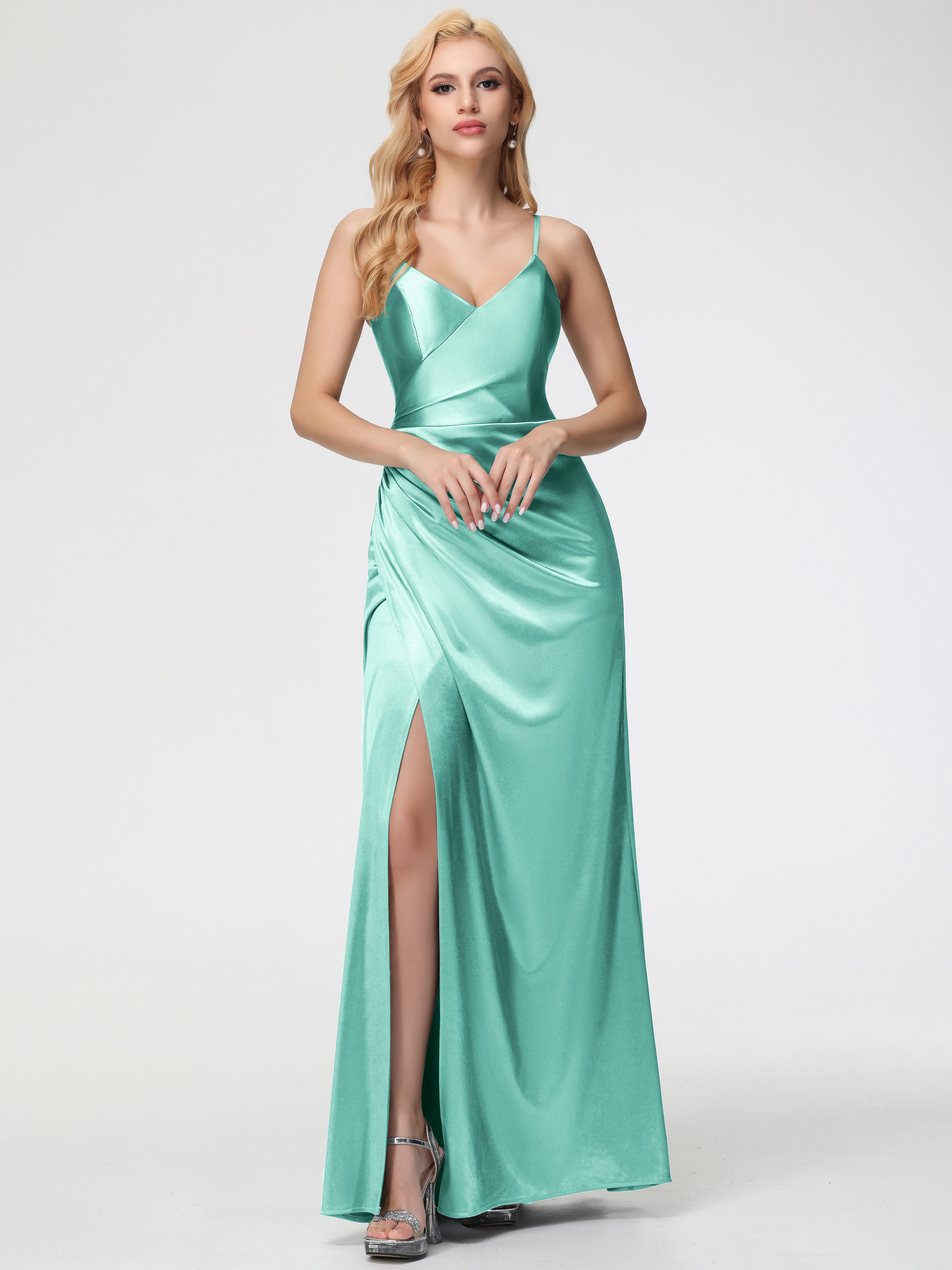 Girls Mint Green Formal Dress Spaghetti Straps V-Neck Floor Length Stretch Satin Formal Dress With Slit