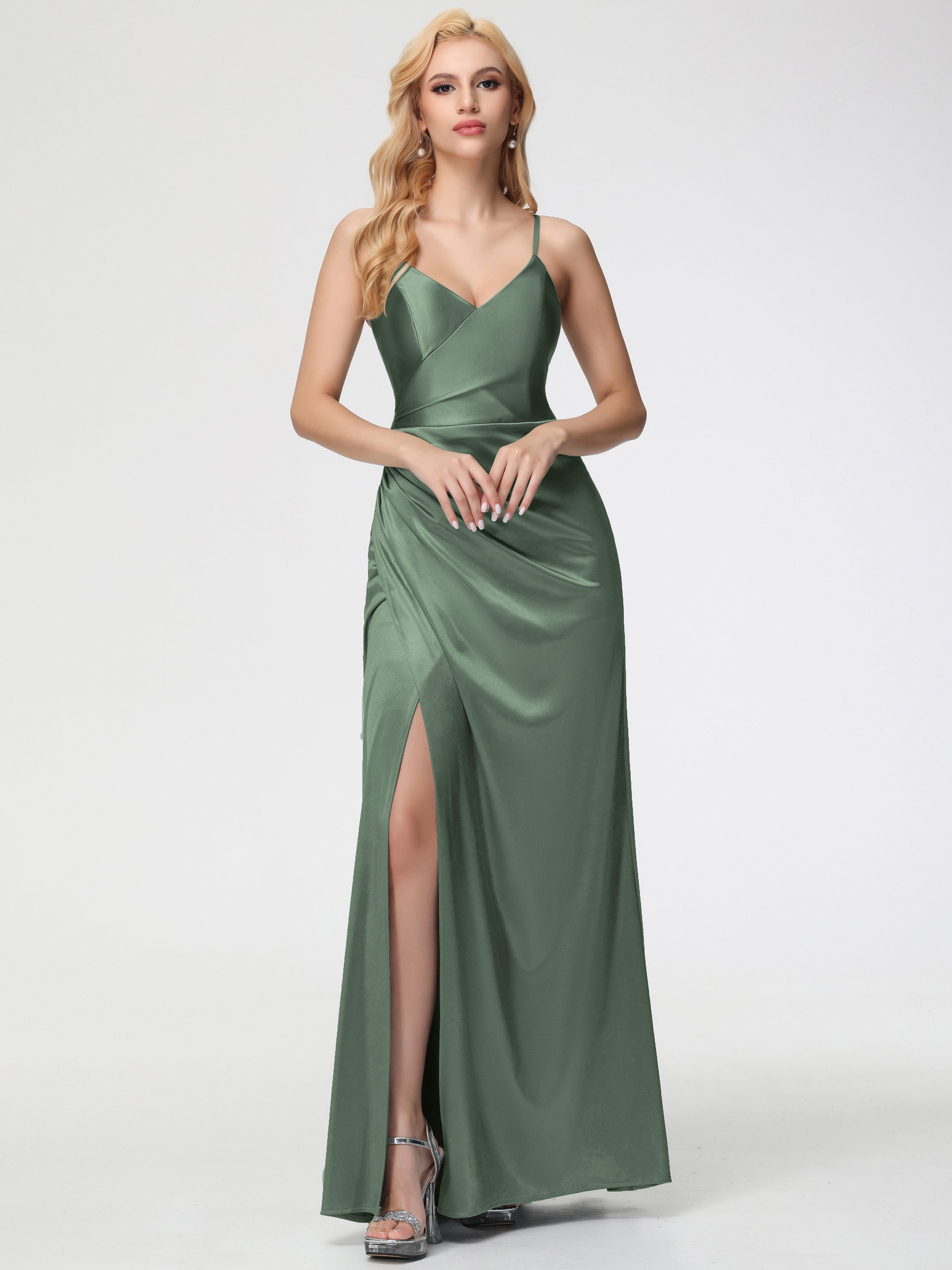 olive green bridesmaid dresses silk Olive Green Prom Dresses With Sleeves Short Sleeves Trumpet/Mermaid Zipper Split Long Stretch Satin Prom Dresses