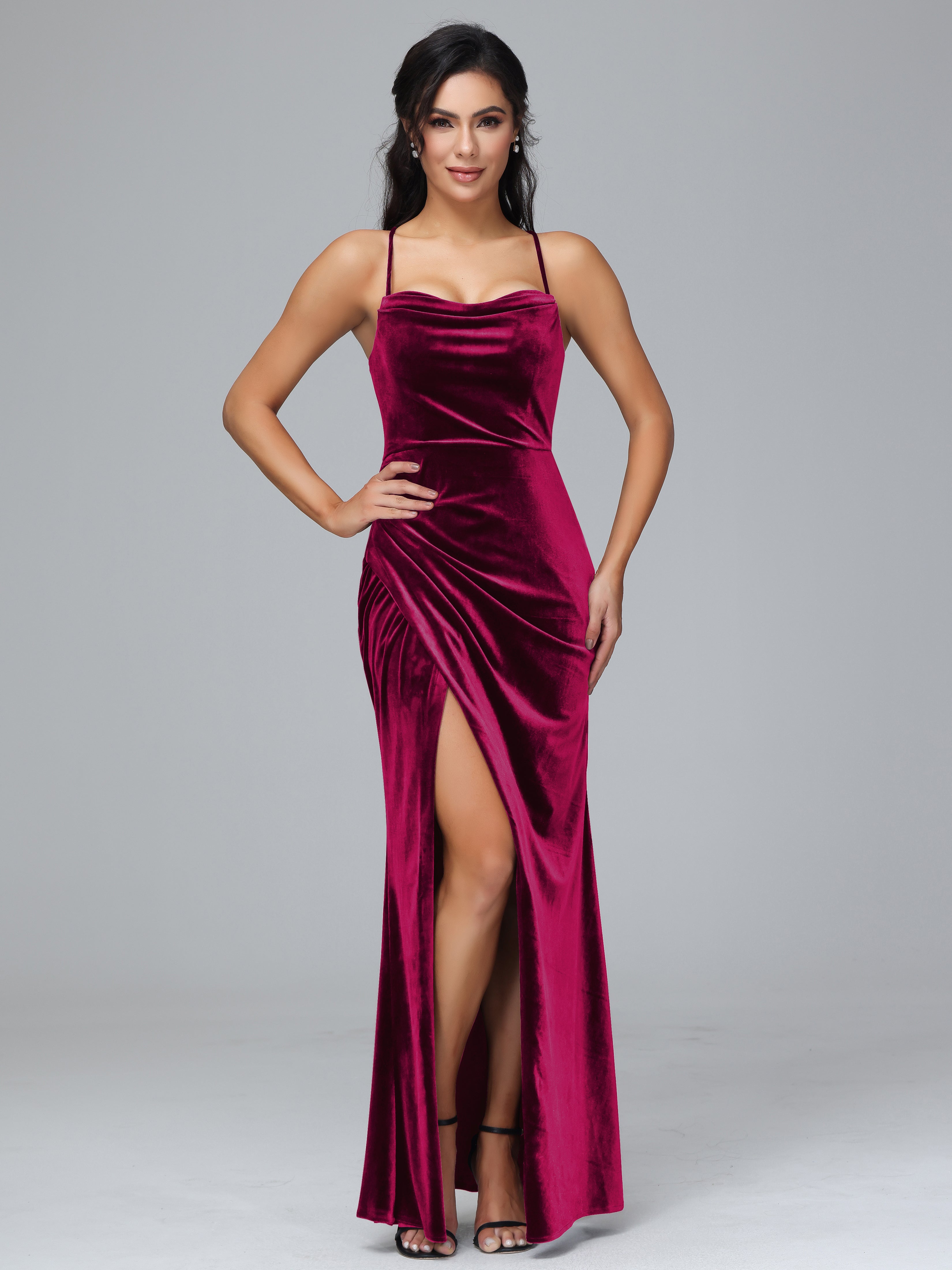 Spaghetti Straps Lace Up Plus Size Velvet Bridesmaid Dress With Slit Spaghetti Straps Lace Up Plus Size Velvet Bridesmaid Dress With Slit