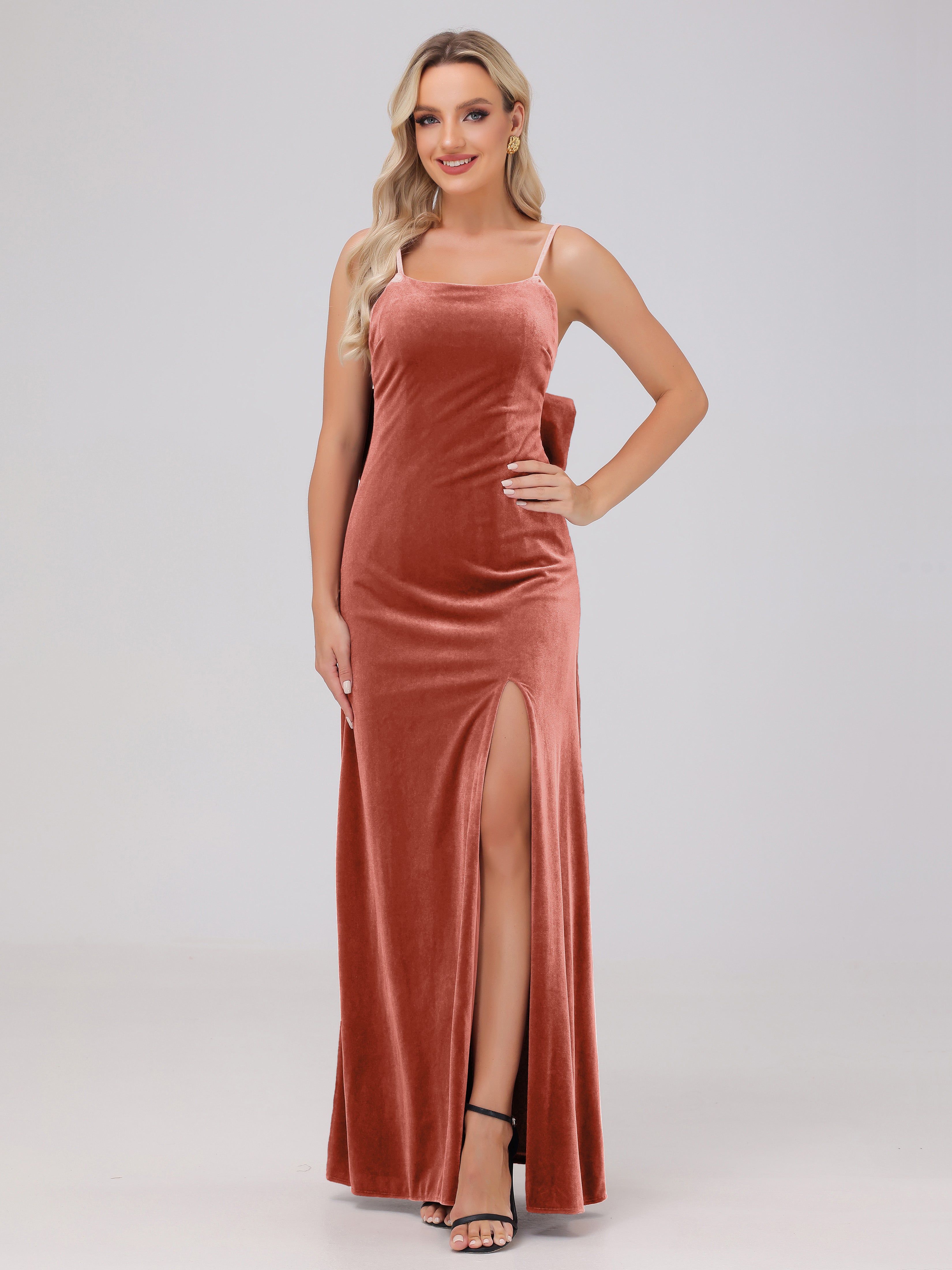 Spaghetti Straps Back Bowknot Velvet Bridesmaid Dresses with Slit Spaghetti Straps Back Bowknot Velvet Bridesmaid Dresses with Slit