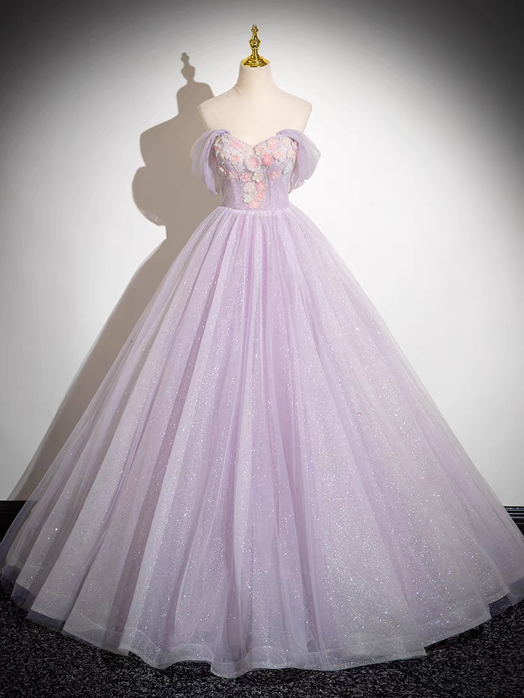 Sparkly Tulle Prom Dress Off the Shoulder Floral Appliques Ball Gown Sparkly Tulle Prom Dress Off the Shoulder Floral Appliques Ball Gown
