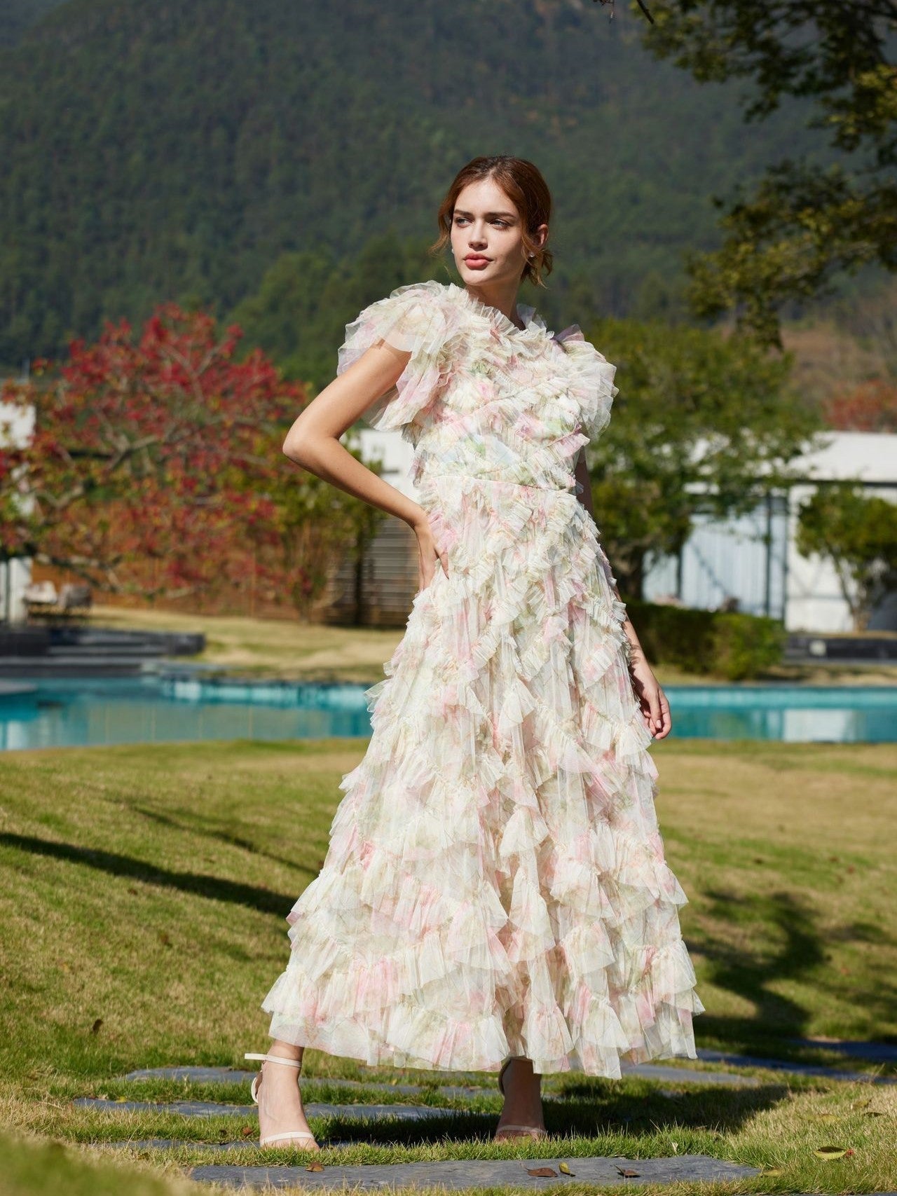 Sweet Floral Print Short Puffy Sleeve Ruffle Tulle Maxi Prom Dress Sweet Floral Print Short Puffy Sleeve Ruffle Tulle Maxi Prom Dress