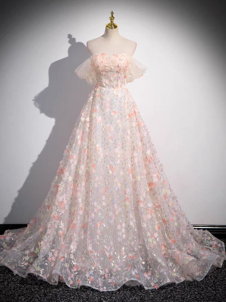 Sweet A-Line Off the Shoulder Floral Tulle Long Prom Dress Sweet A-Line Off the Shoulder Floral Tulle Long Prom Dress