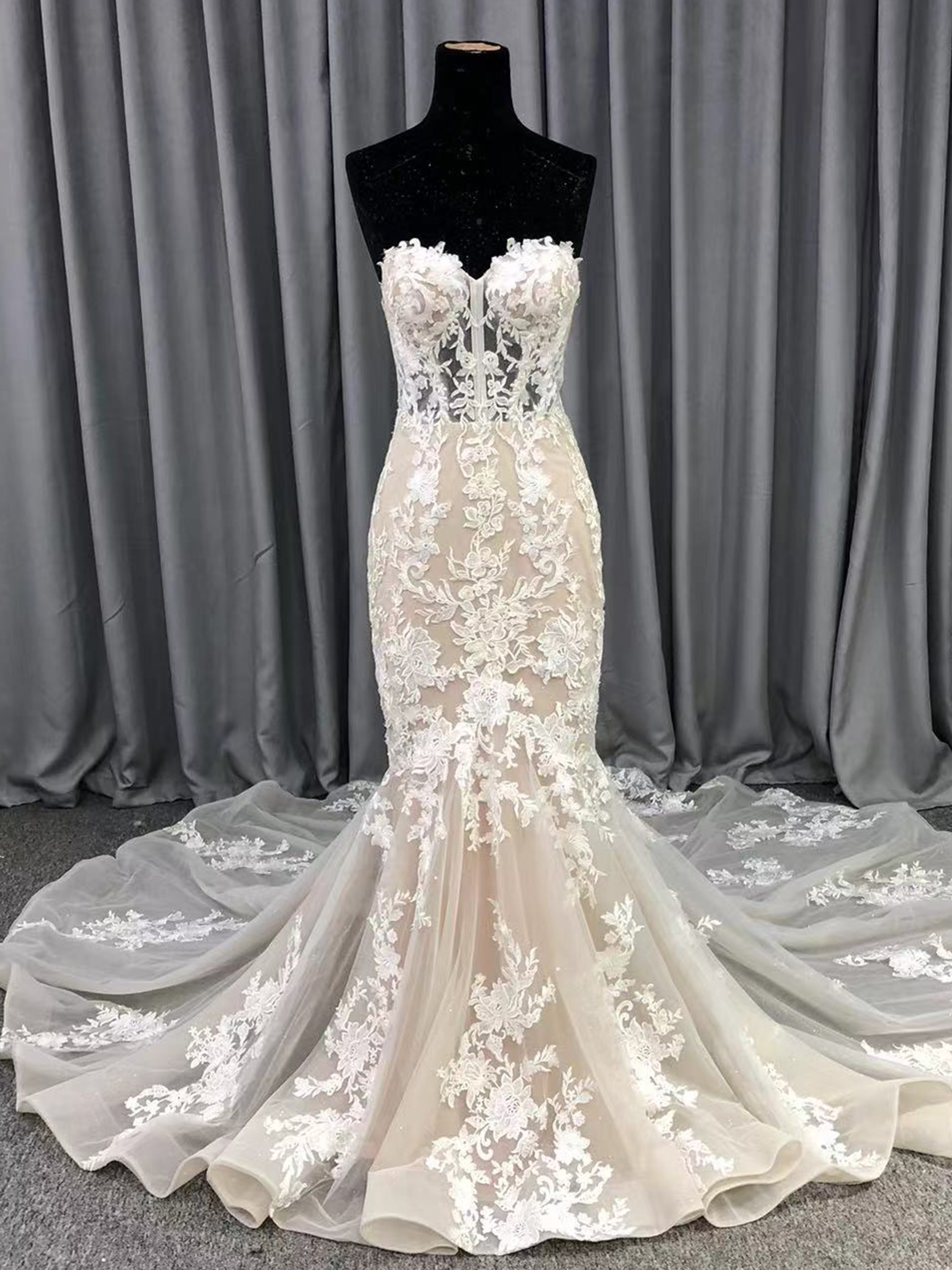 mermaid wedding dress lace top Lace Mermaid Wedding Dress, Corset Bodice, Detachable Sleeves