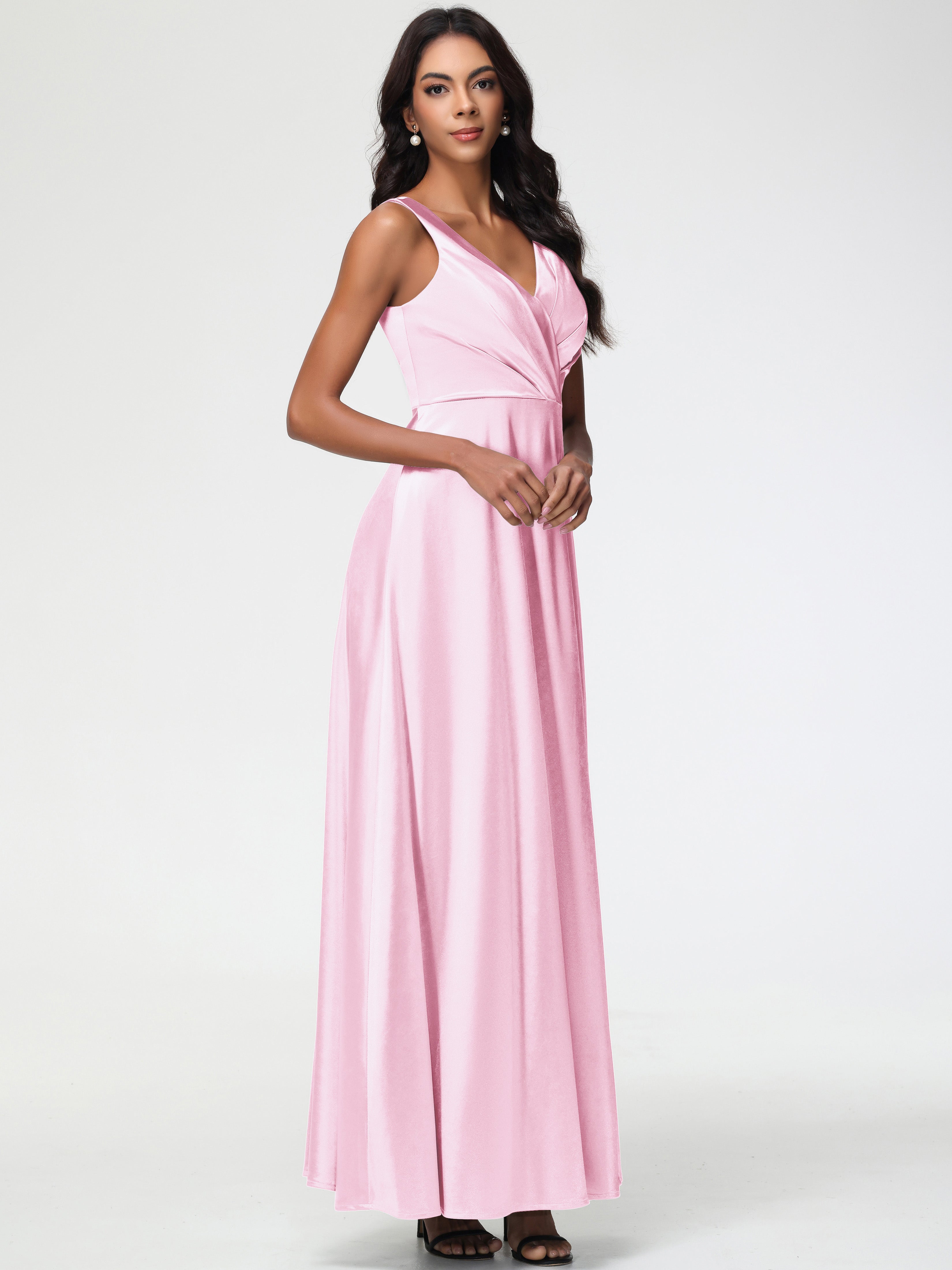 Blushing Pink Formal Dress Sleeveless Stretch Satin V-Neck Floor Lengt