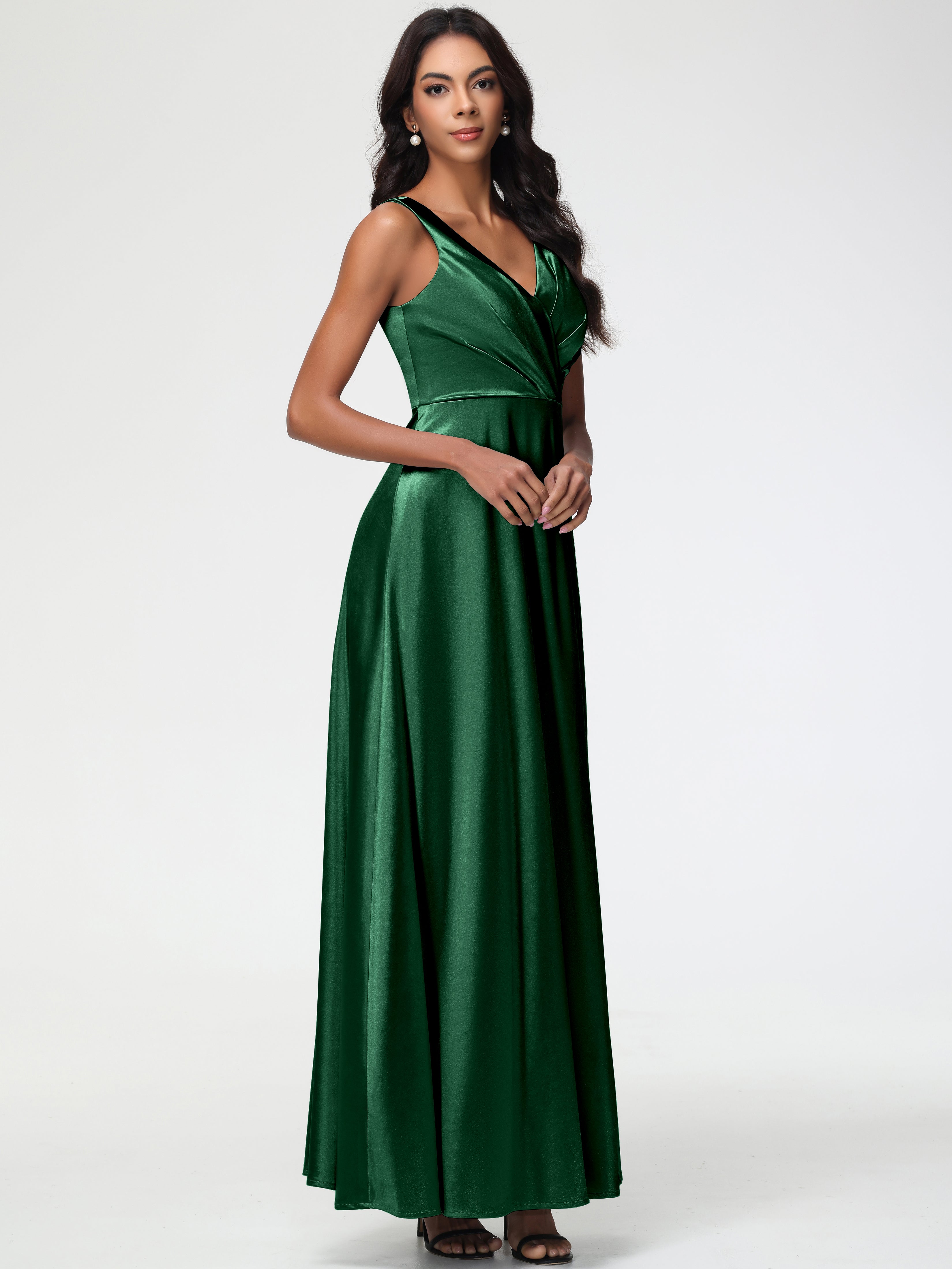 Formal Dresses In Dark Green Sleeveless Stretch Satin V-Neck Floor Len