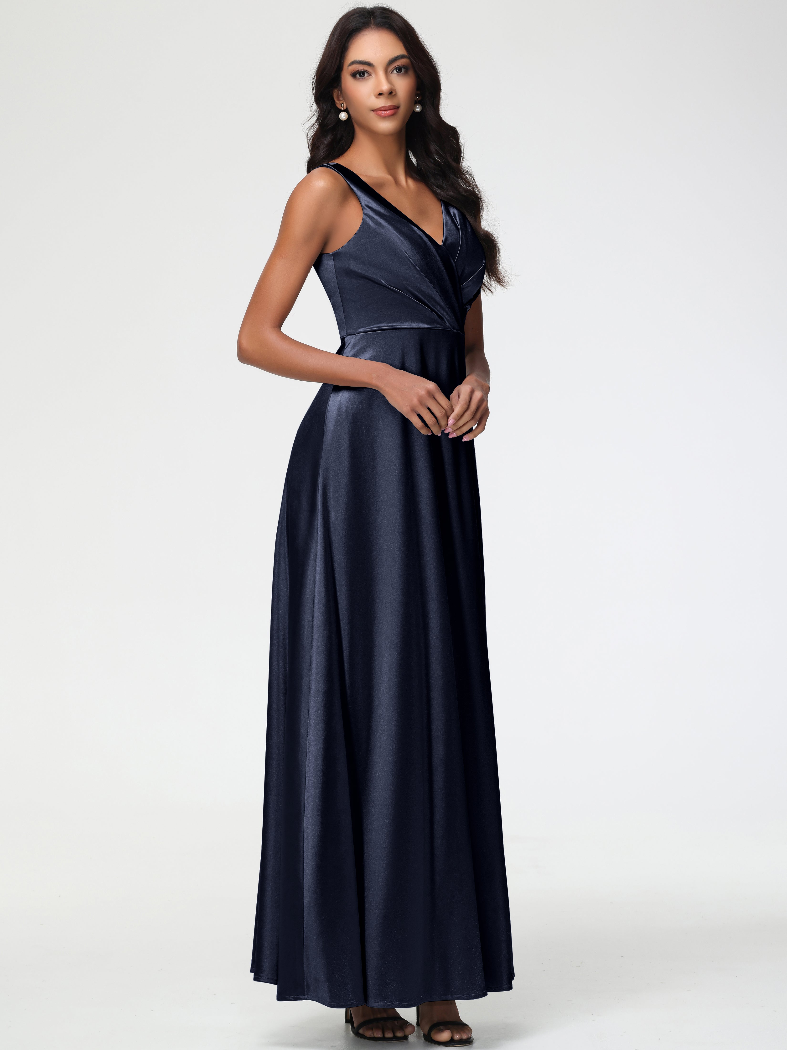 Dark Navy Formal Dress Sleeveless Stretch Satin V-Neck Floor Length A Line Long Stretch Satin Formal Dresses Dark Navy Formal Dress Sleeveless Stretch Satin V-Neck Floor Length A Line Long Stretch Satin Formal Dresses