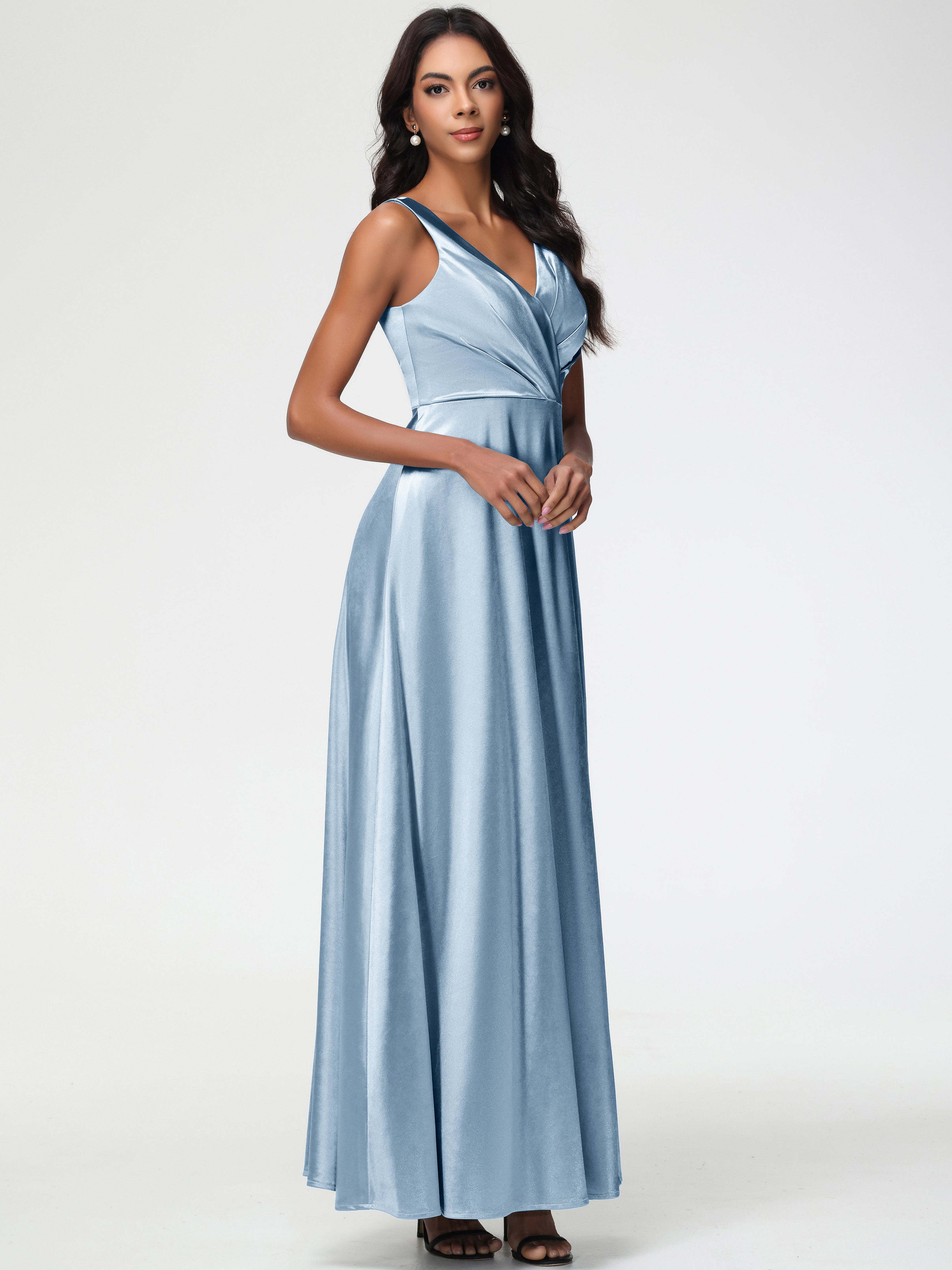 Dusty Blue Bridesmaid Dresses Sleeveless Stretch Satin V-Neck Floor Le Dusty Blue Bridesmaid Dresses Sleeveless Stretch Satin V-Neck Floor Le
