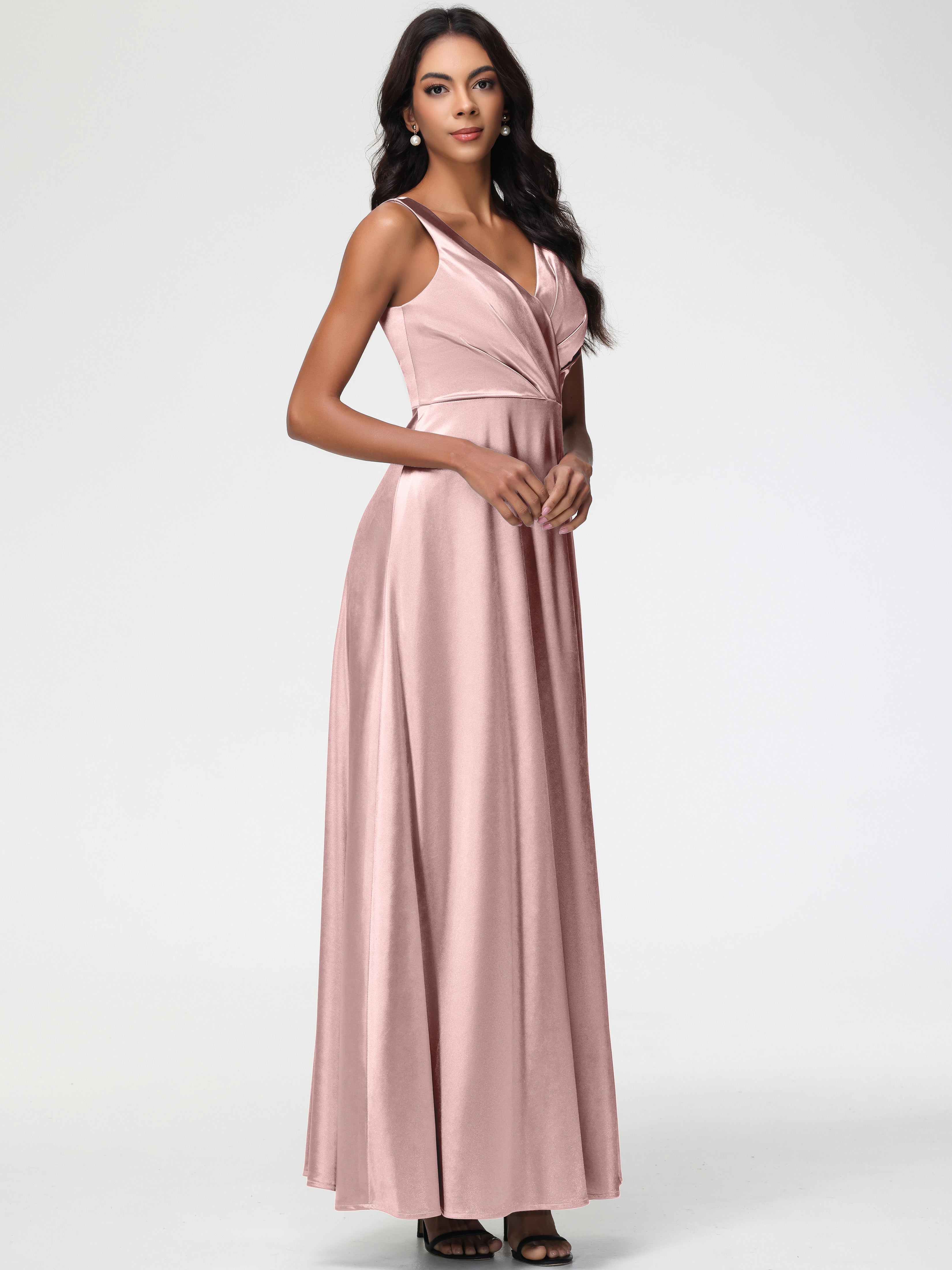 Formal Dresses Dusty Rose Sleeveless Stretch Satin V-Neck Floor Length