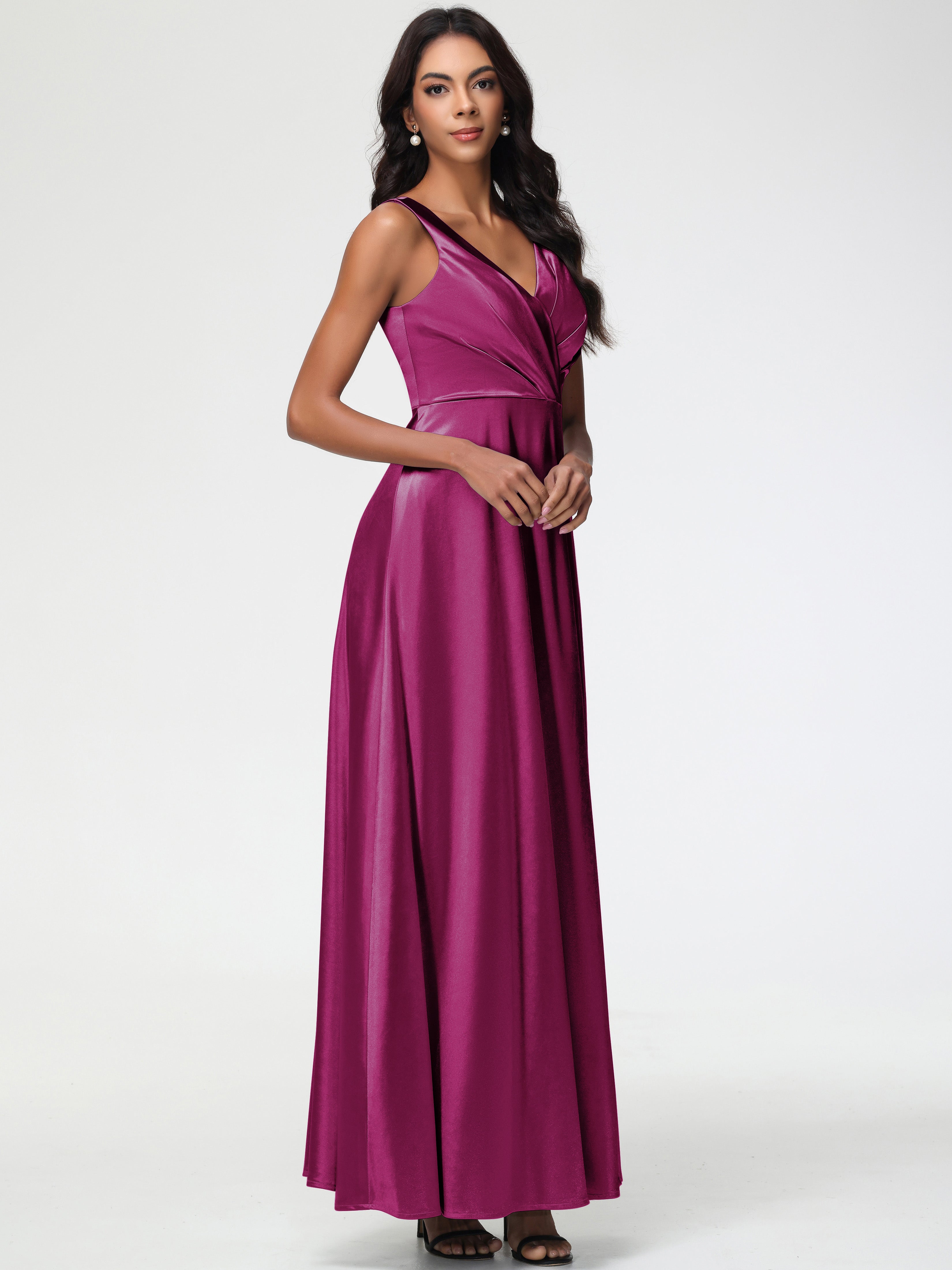Evening Dresses In Fuchsia Sleeveless Stretch Satin V-Neck Floor Lengt Evening Dresses In Fuchsia Sleeveless Stretch Satin V-Neck Floor Lengt