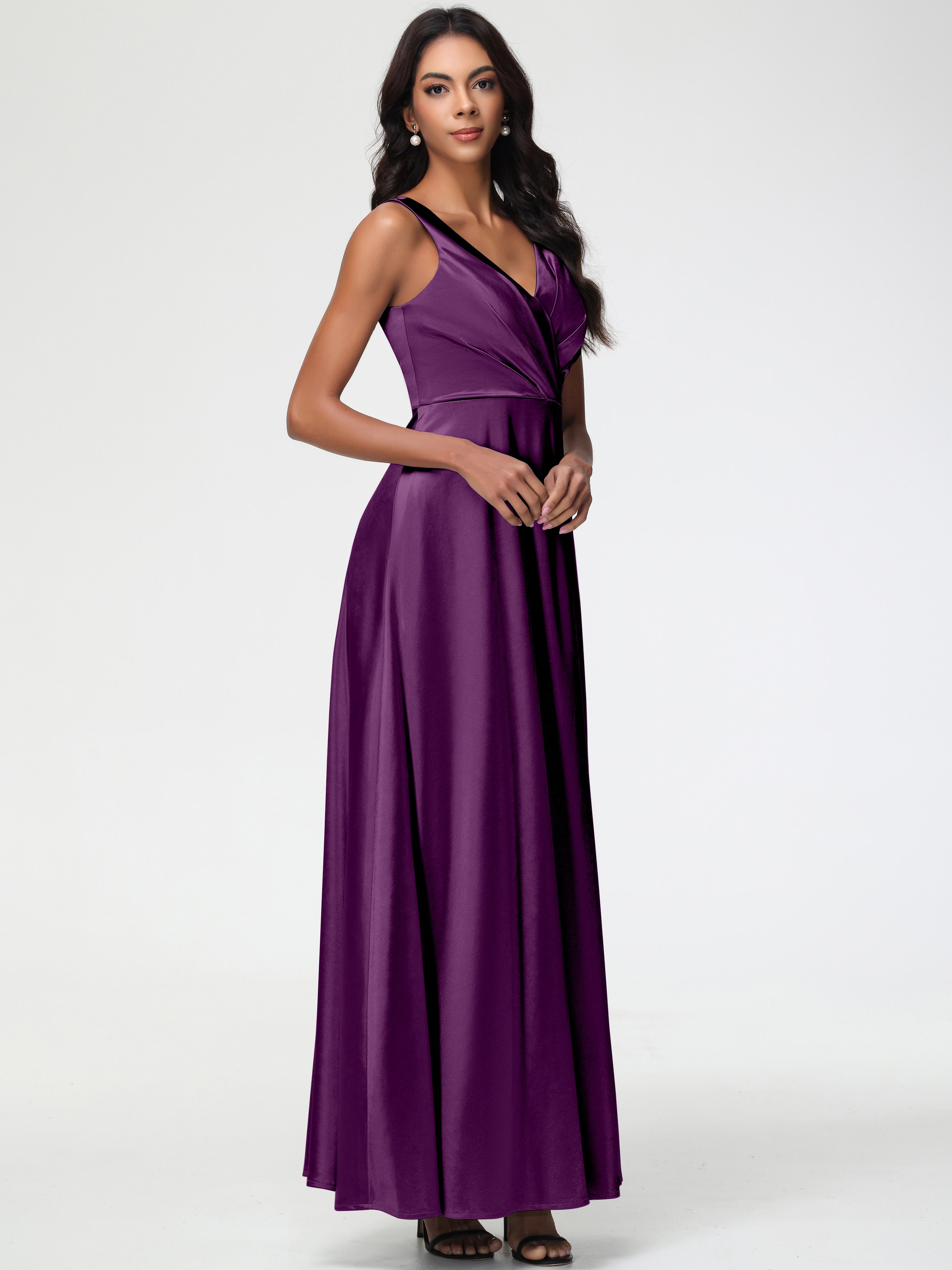 Grape Purple Formal Dresses Sleeveless Stretch Satin V-Neck Floor Leng Grape Purple Formal Dresses Sleeveless Stretch Satin V-Neck Floor Leng
