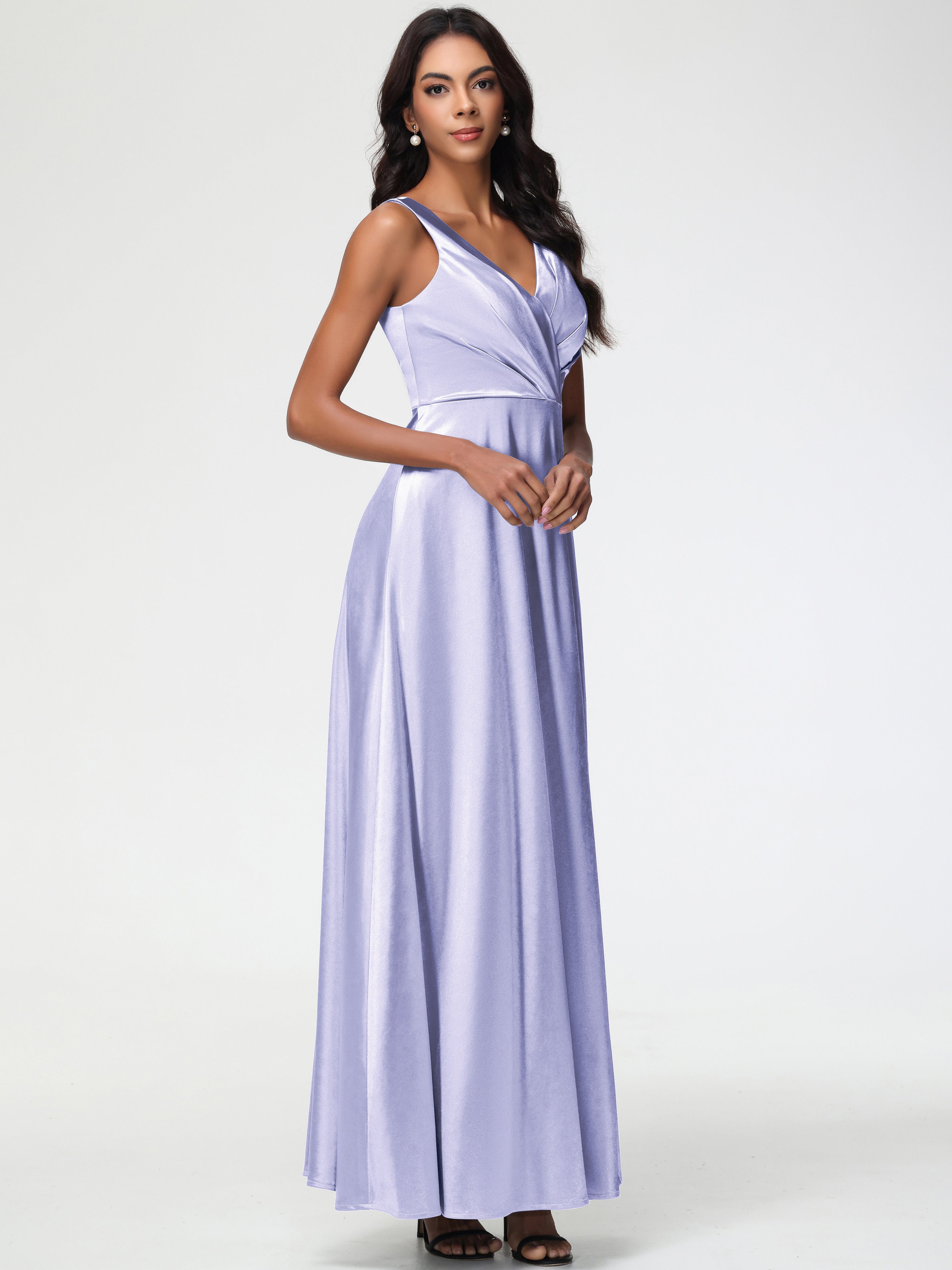 Lavender Bridesmaid Dresses Satin Sleeveless Stretch Satin V-Neck Floo Lavender Bridesmaid Dresses Satin Sleeveless Stretch Satin V-Neck Floo