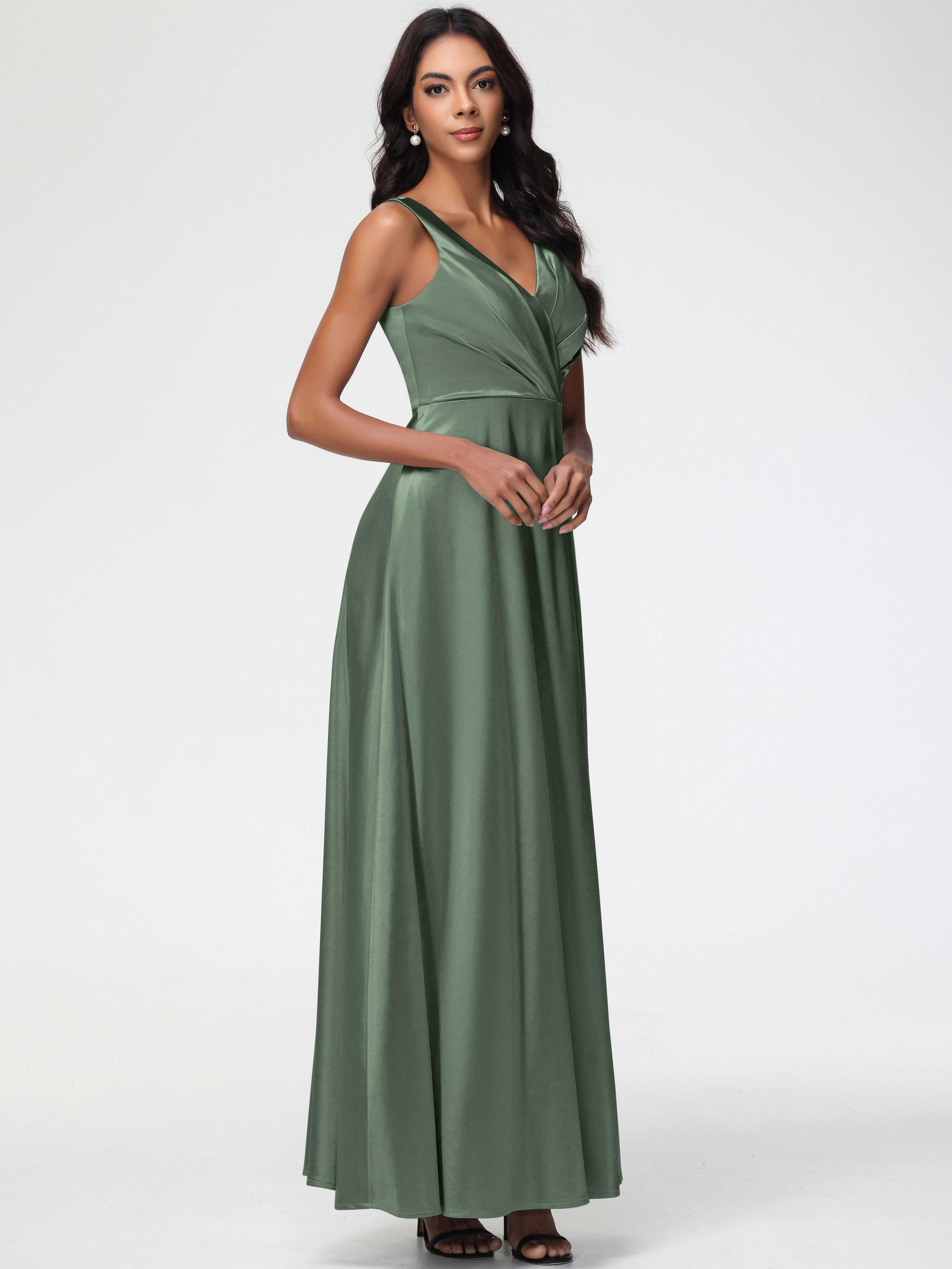 Olive Green Bridesmaid Dresses Satin Sleeveless Stretch Satin V-Neck F Olive Green Bridesmaid Dresses Satin Sleeveless Stretch Satin V-Neck F