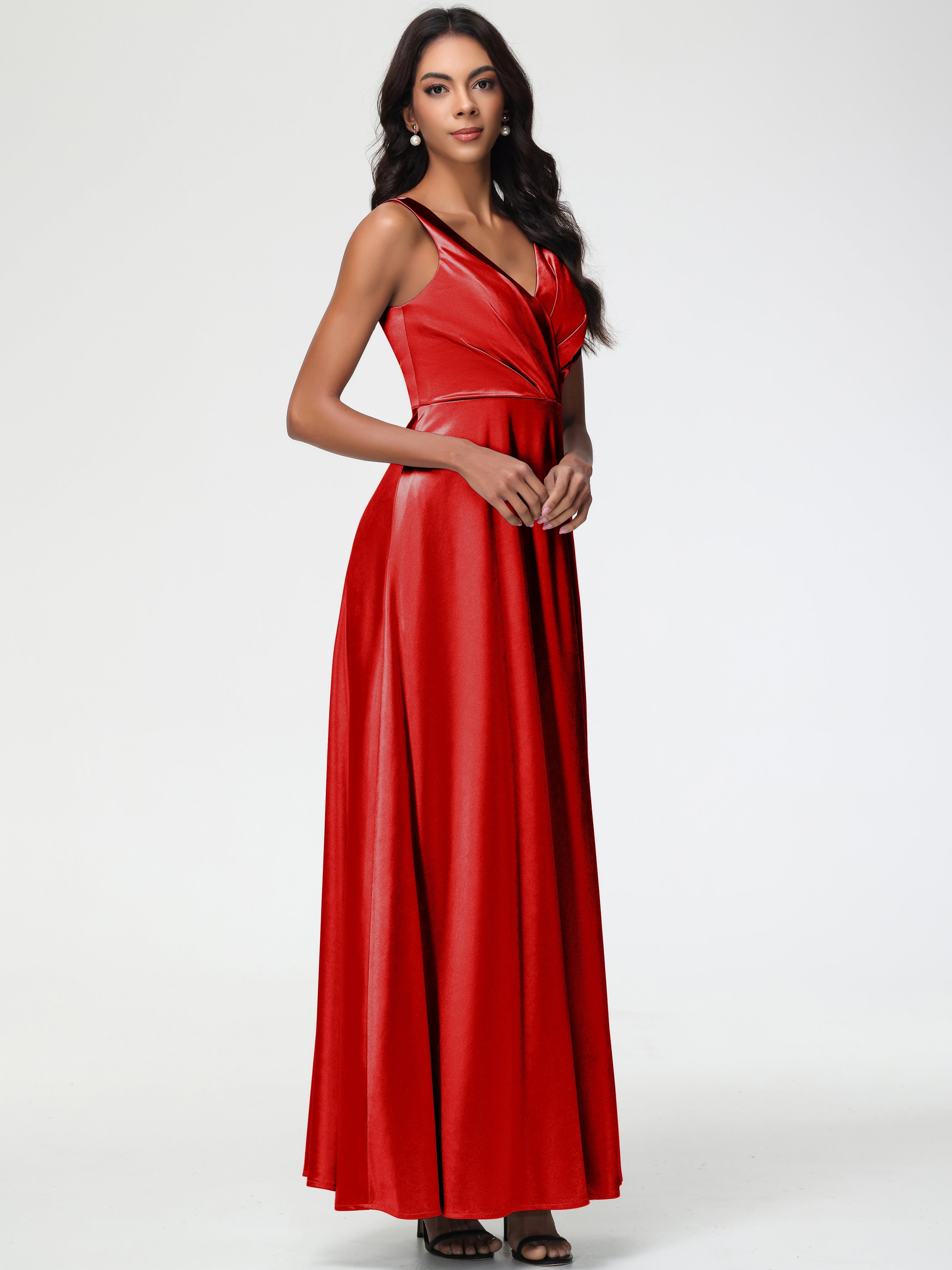 Red Prom Dresses Sleeveless Stretch Satin V-Neck Floor Length A Line Long Stretch Satin Prom Dresses Red Prom Dresses Sleeveless Stretch Satin V-Neck Floor Length A Line Long Stretch Satin Prom Dresses