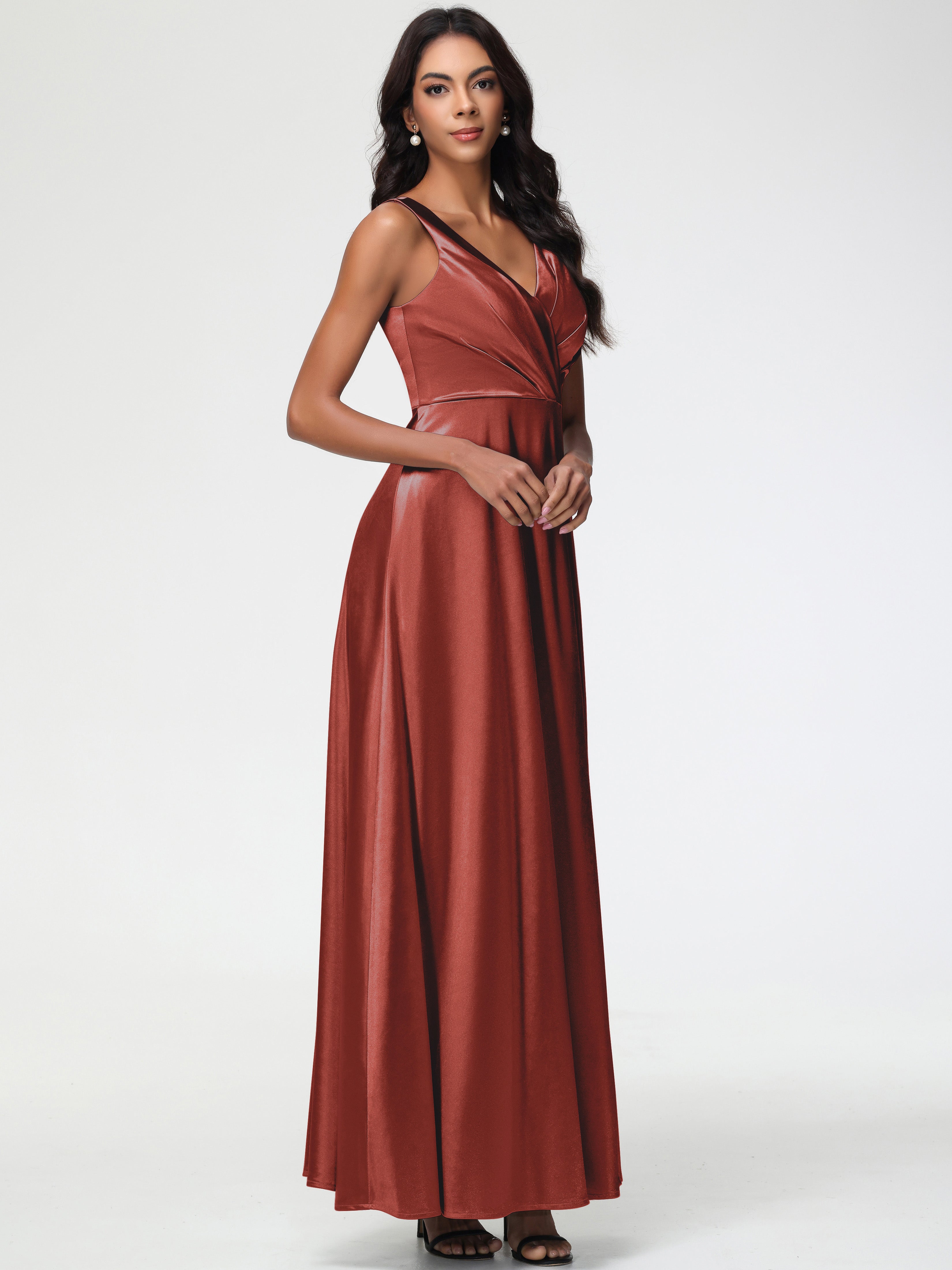 Satin Rust Orange Bridesmaid Dresses Sleeveless Stretch Satin V-Neck F Satin Rust Orange Bridesmaid Dresses Sleeveless Stretch Satin V-Neck F