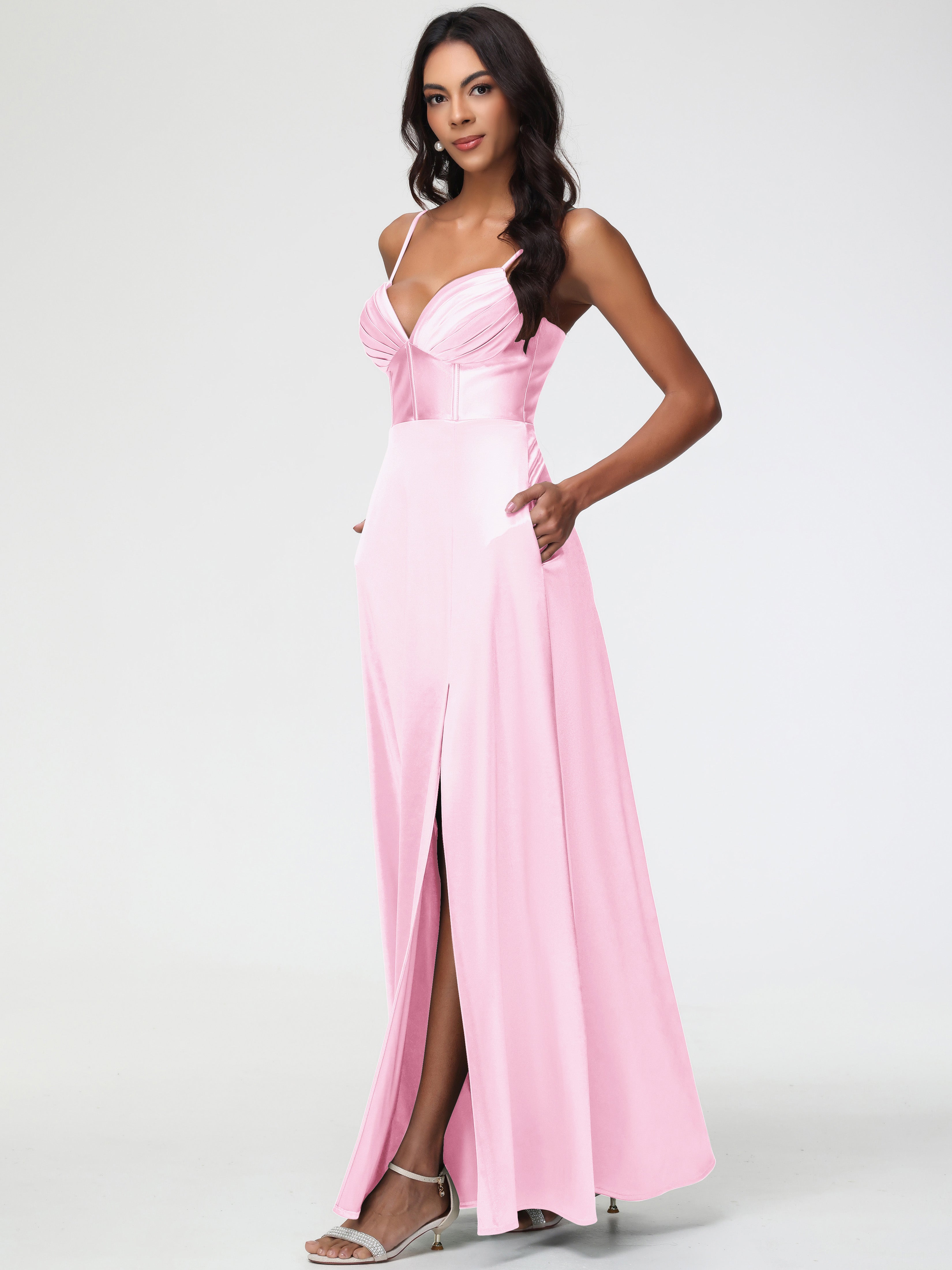 Blushing Pink Prom Dresses Simple Spaghetti Straps Elegant V-Neck Floo Blushing Pink Prom Dresses Simple Spaghetti Straps Elegant V-Neck Floo
