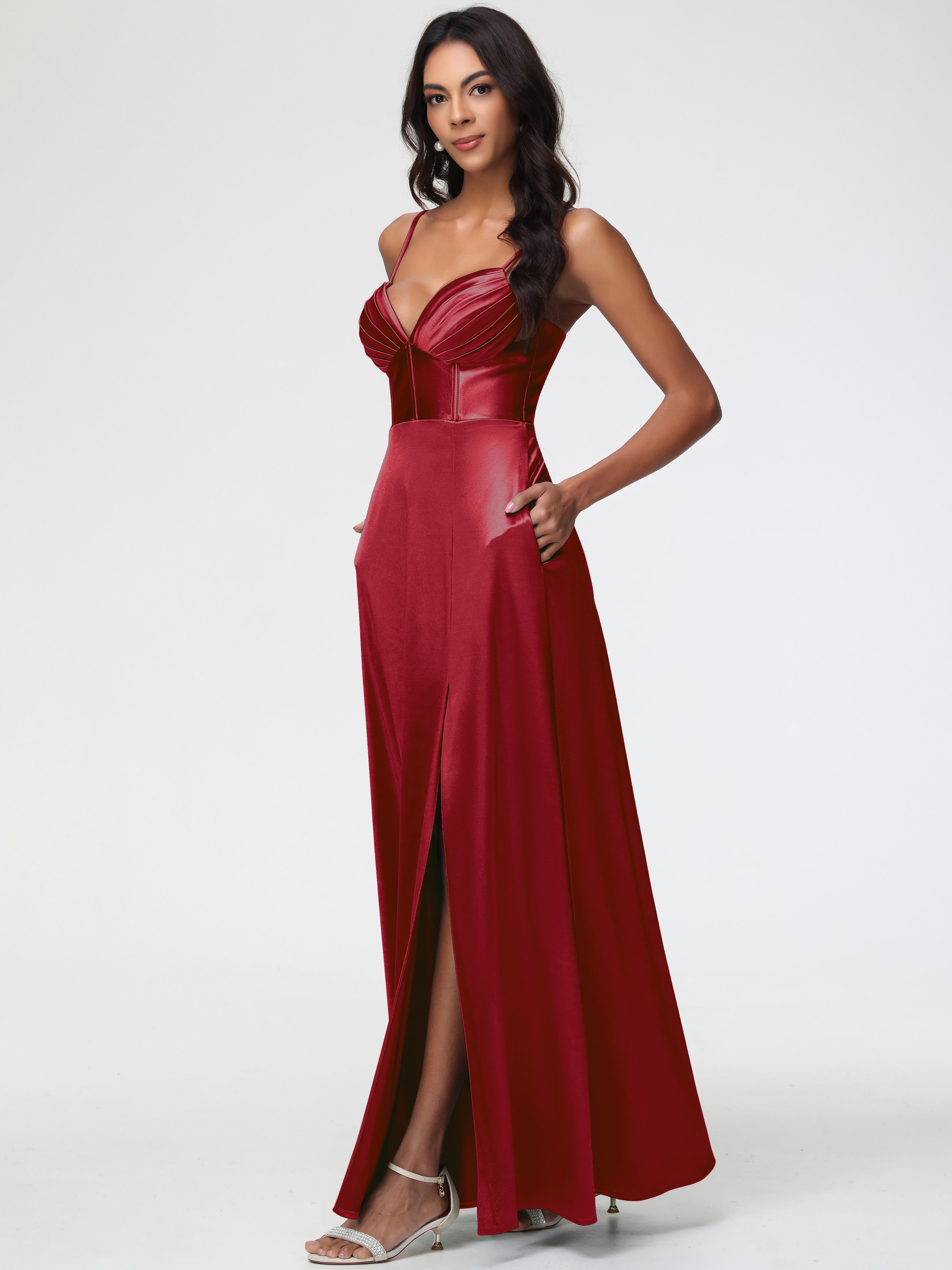 Burgundy Dresses Prom Simple Spaghetti Straps Elegant V-Neck Floor Length Stretch Satin Prom Dress With Slit