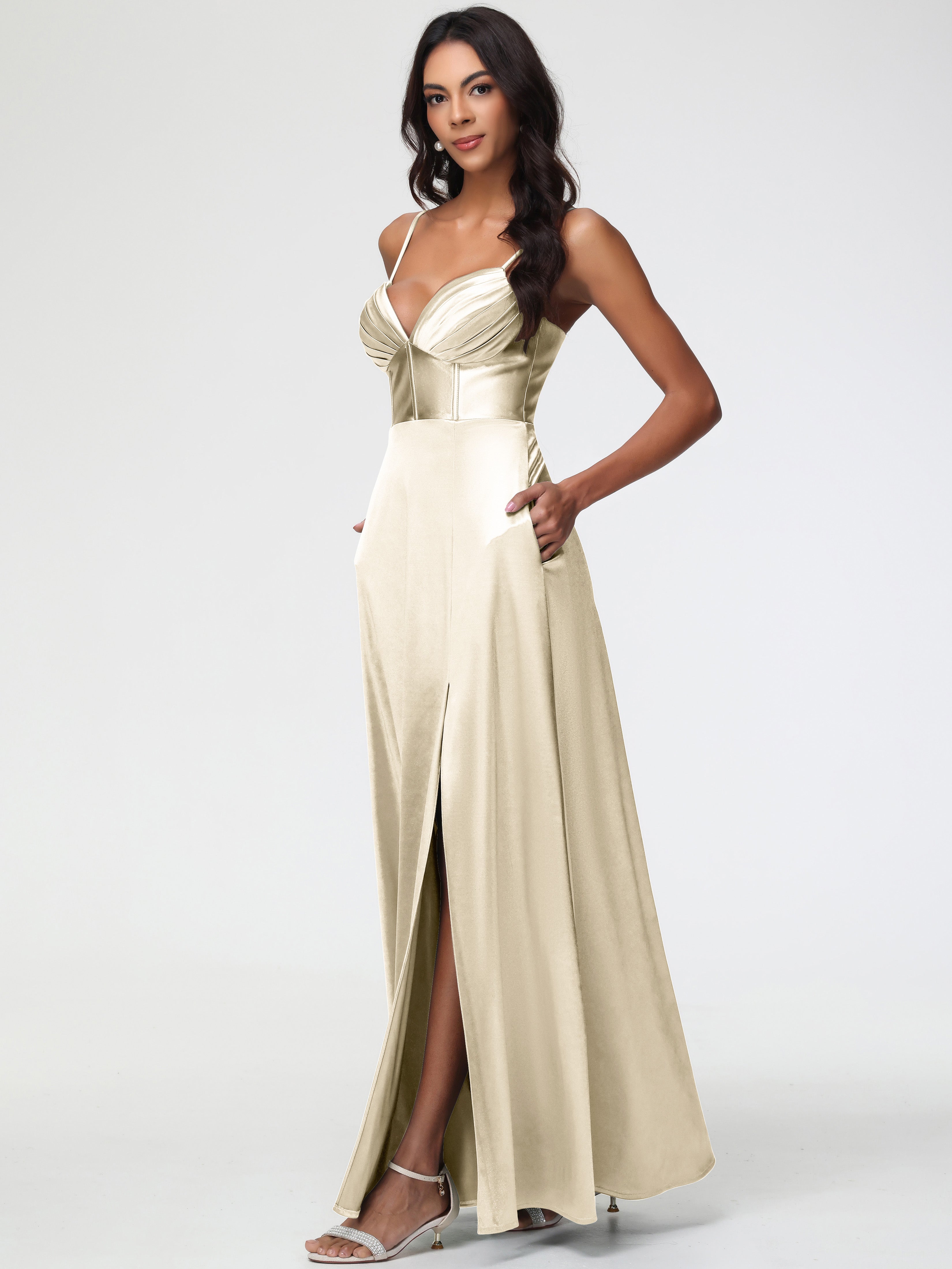 Champagne Maxi Formal Dress Simple Spaghetti Straps Elegant V-Neck Floor Length Stretch Satin Formal Dress With Slit Champagne Maxi Formal Dress Simple Spaghetti Straps Elegant V-Neck Floor Length Stretch Satin Formal Dress With Slit