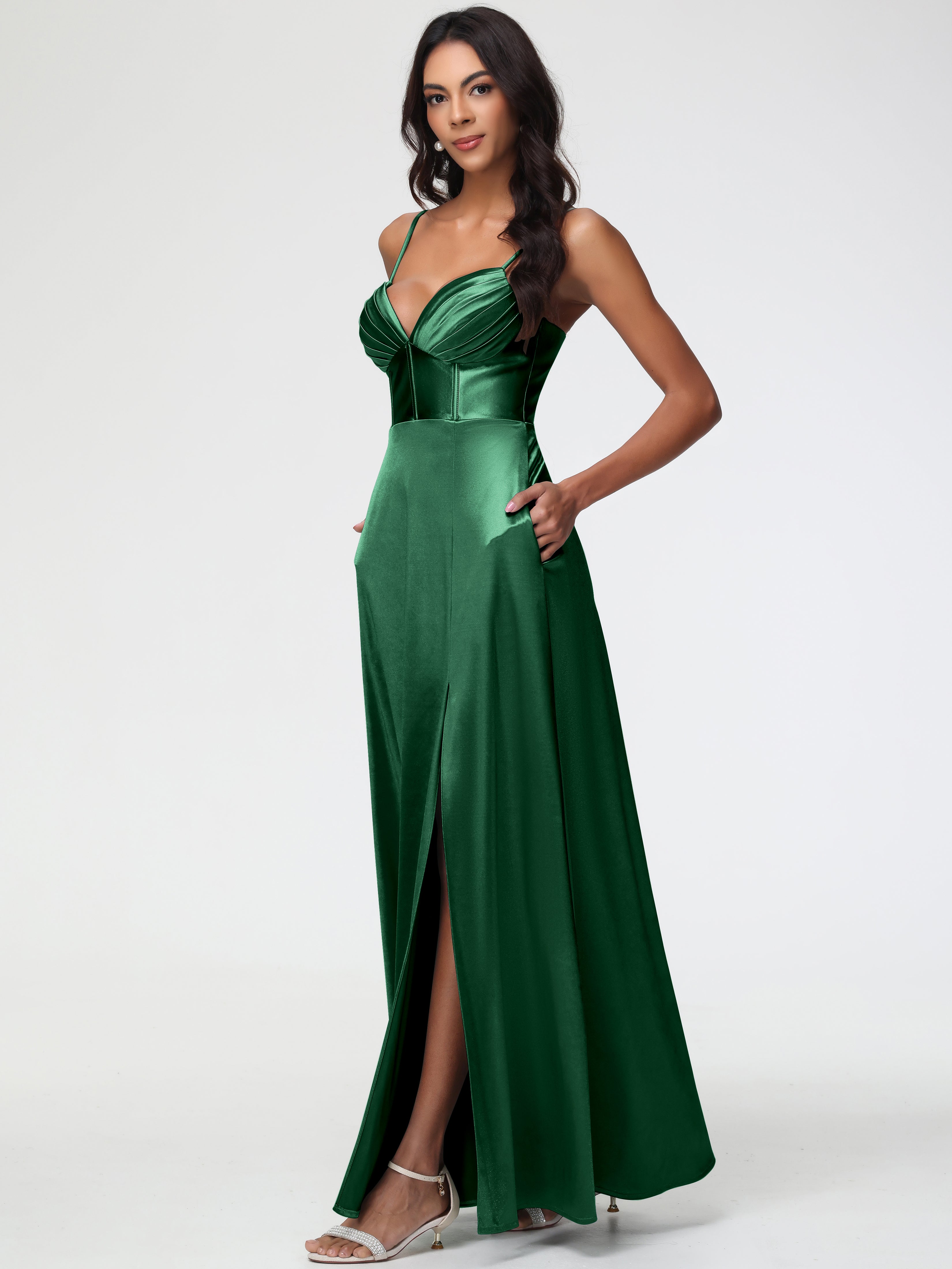Dark Green Dresses For Prom Simple Spaghetti Straps Elegant V-Neck Flo Dark Green Dresses For Prom Simple Spaghetti Straps Elegant V-Neck Flo