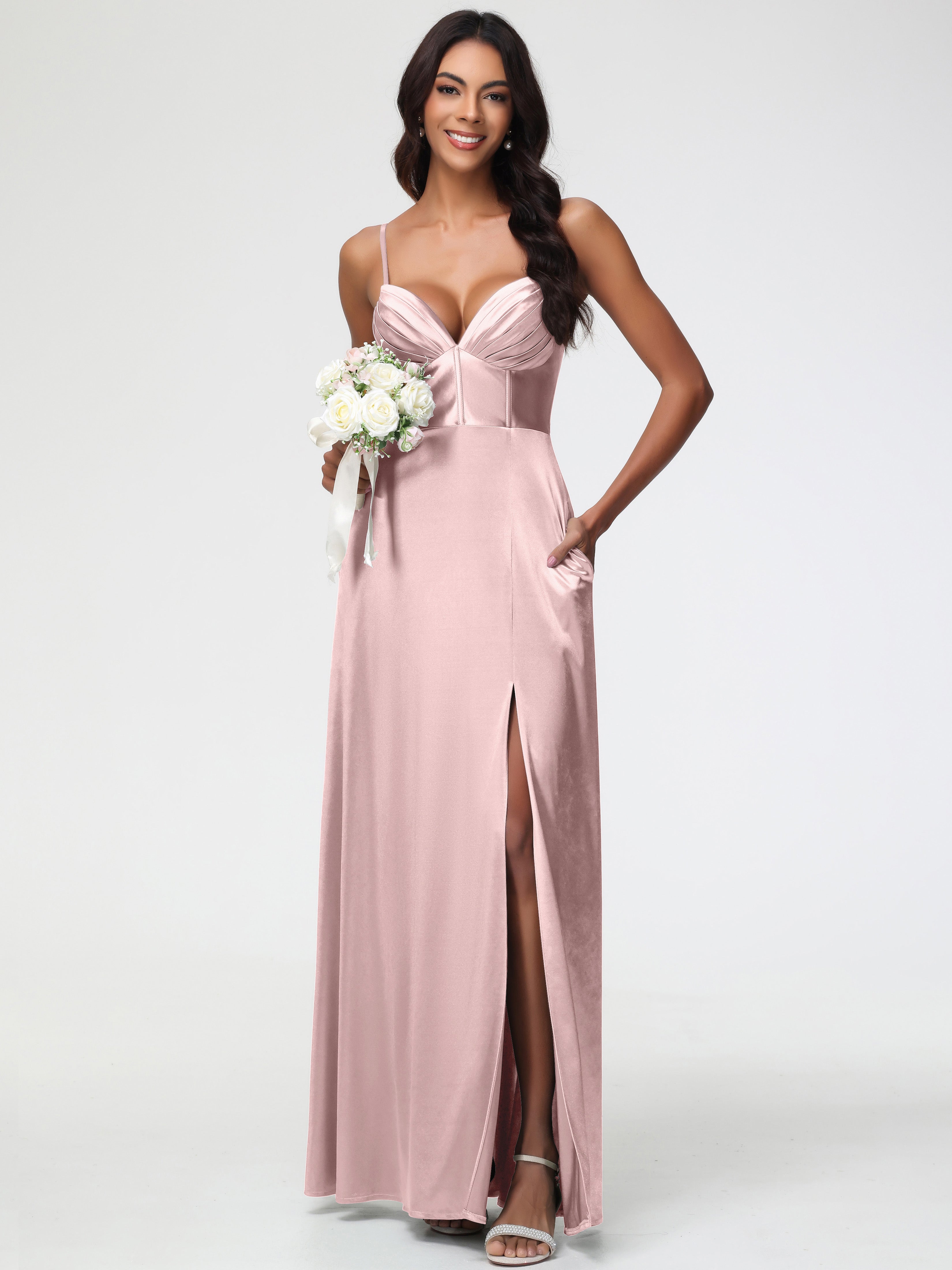 Satin Dusty Rose Prom Dresses Simple Spaghetti Straps Elegant V-Neck F Satin Dusty Rose Prom Dresses Simple Spaghetti Straps Elegant V-Neck F