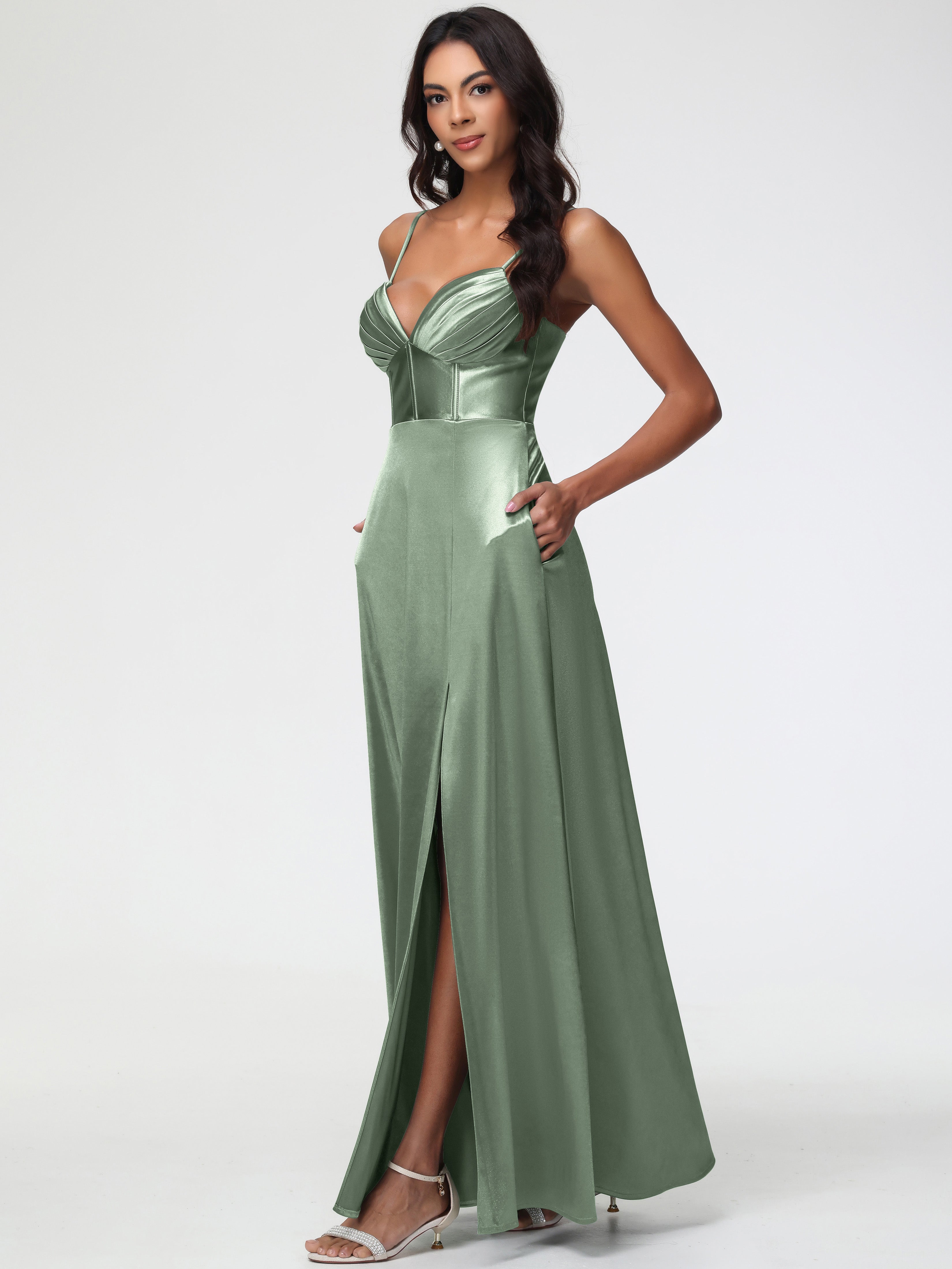 Dusty Sage Formal Dresses Simple Spaghetti Straps Elegant V-Neck Floor Length Stretch Satin Formal Dress With Slit Dusty Sage Formal Dresses Simple Spaghetti Straps Elegant V-Neck Floor Length Stretch Satin Formal Dress With Slit