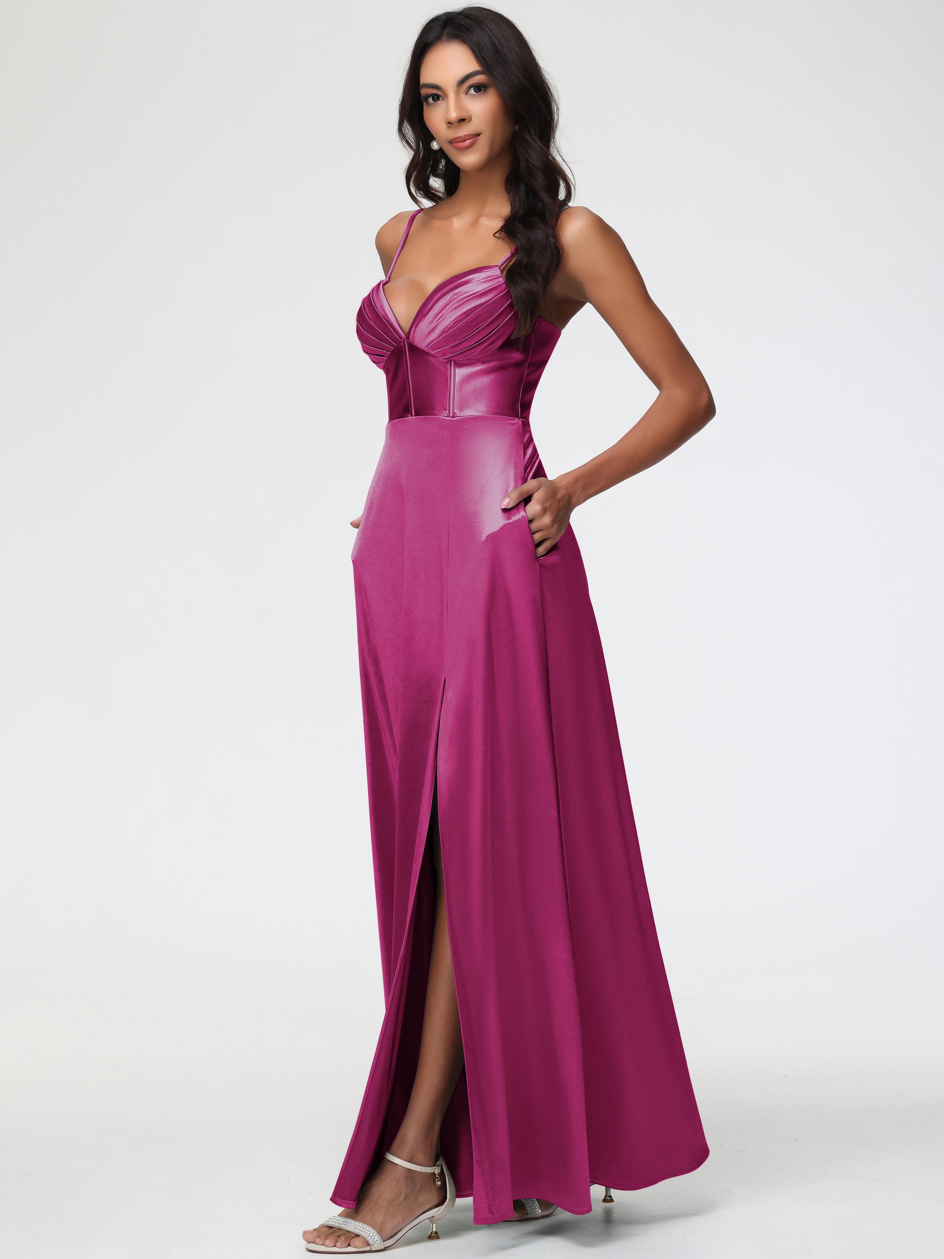 Fuchsia Formal Dresses Long Simple Spaghetti Straps Elegant V-Neck Flo Fuchsia Formal Dresses Long Simple Spaghetti Straps Elegant V-Neck Flo