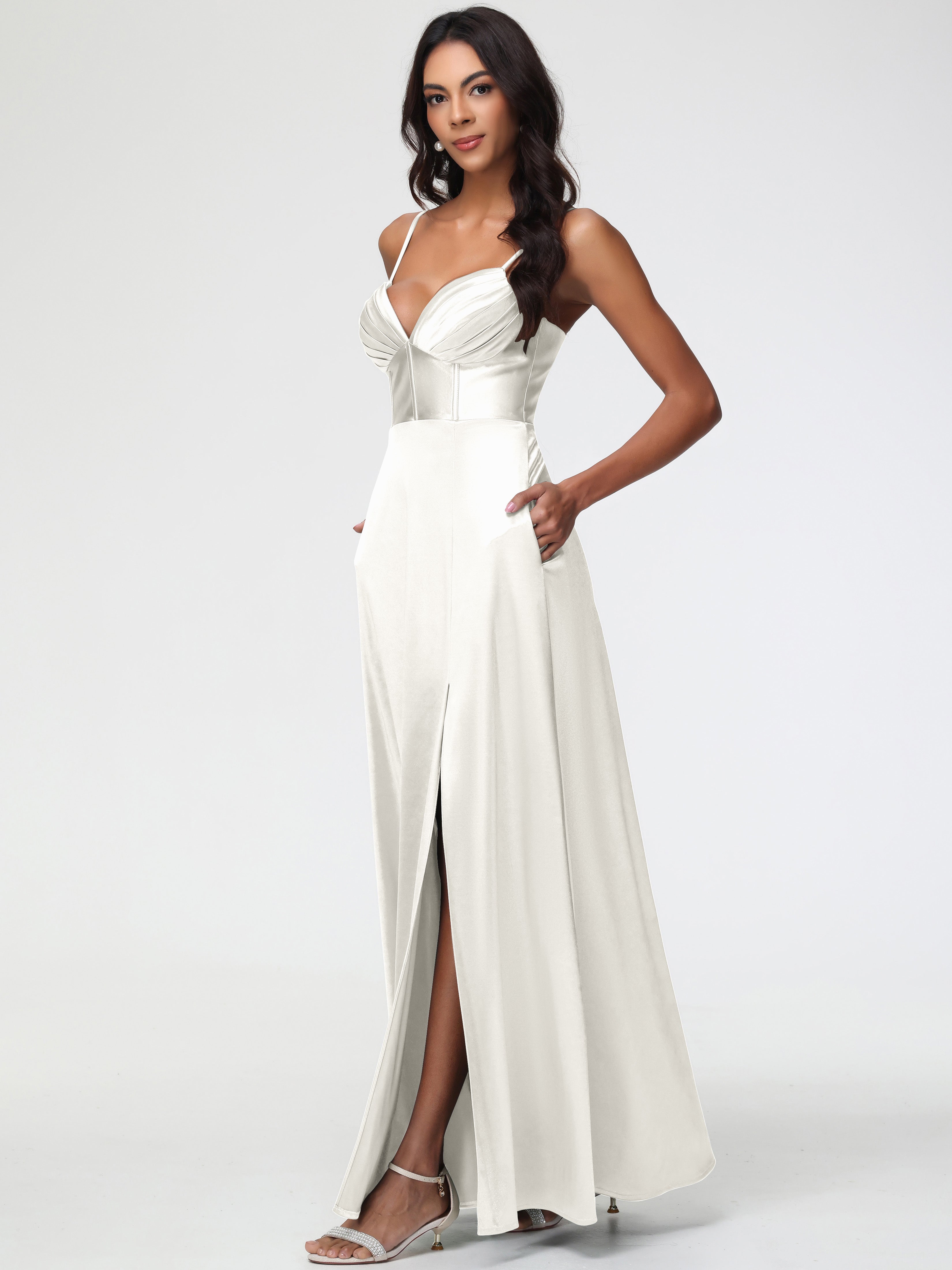Prom Dresses Ivory Simple Spaghetti Straps Elegant V-Neck Floor Length Prom Dresses Ivory Simple Spaghetti Straps Elegant V-Neck Floor Length