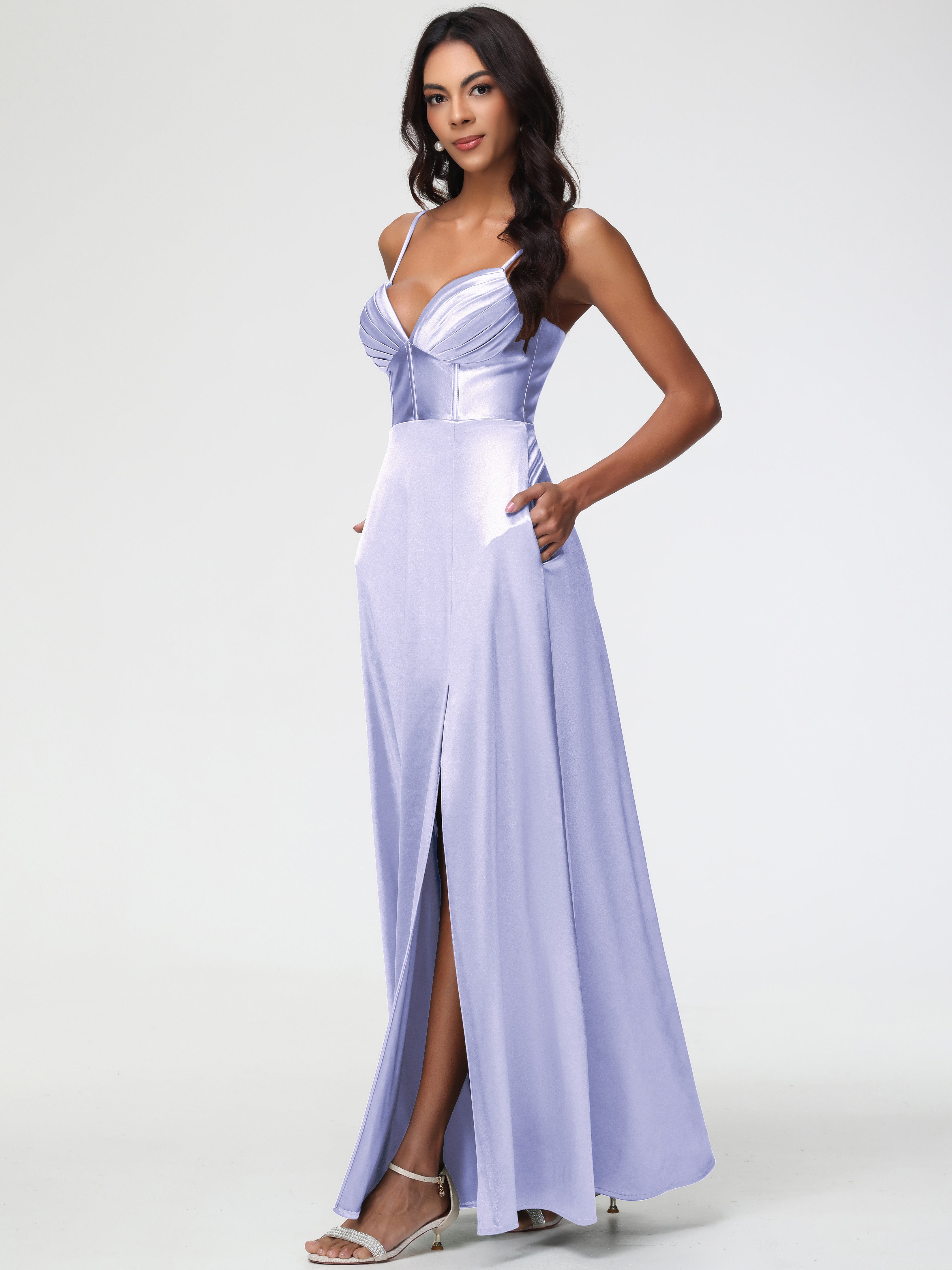Bridesmaid Dresses In Lavender Simple Spaghetti Straps Elegant V-Neck Floor Length Stretch Satin Bridesmaid Dress With Slit Bridesmaid Dresses In Lavender Simple Spaghetti Straps Elegant V-Neck Floor Length Stretch Satin Bridesmaid Dress With Slit