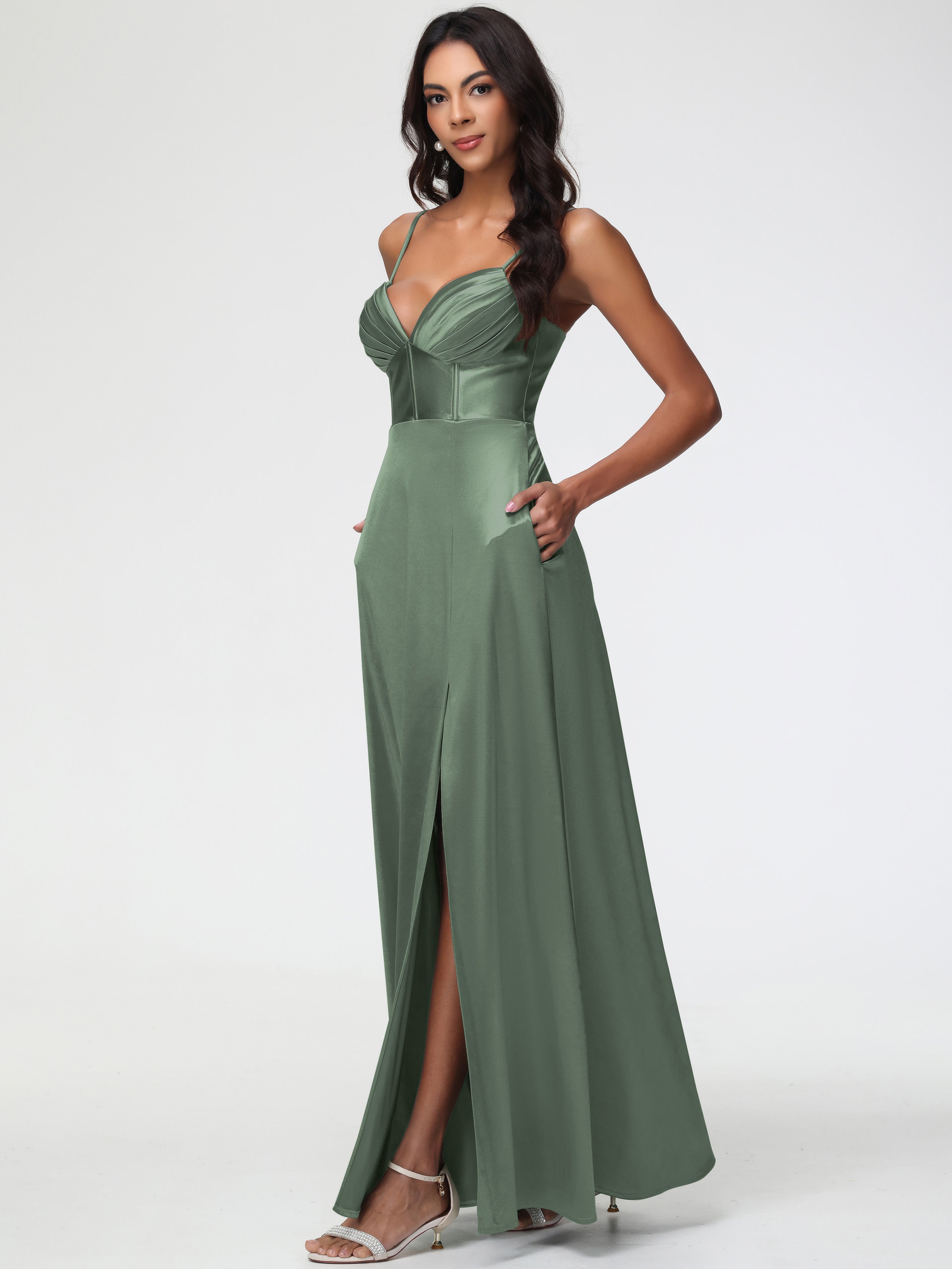 Olive Green Formal Dresses Simple Spaghetti Straps Elegant V-Neck Floo Olive Green Formal Dresses Simple Spaghetti Straps Elegant V-Neck Floo