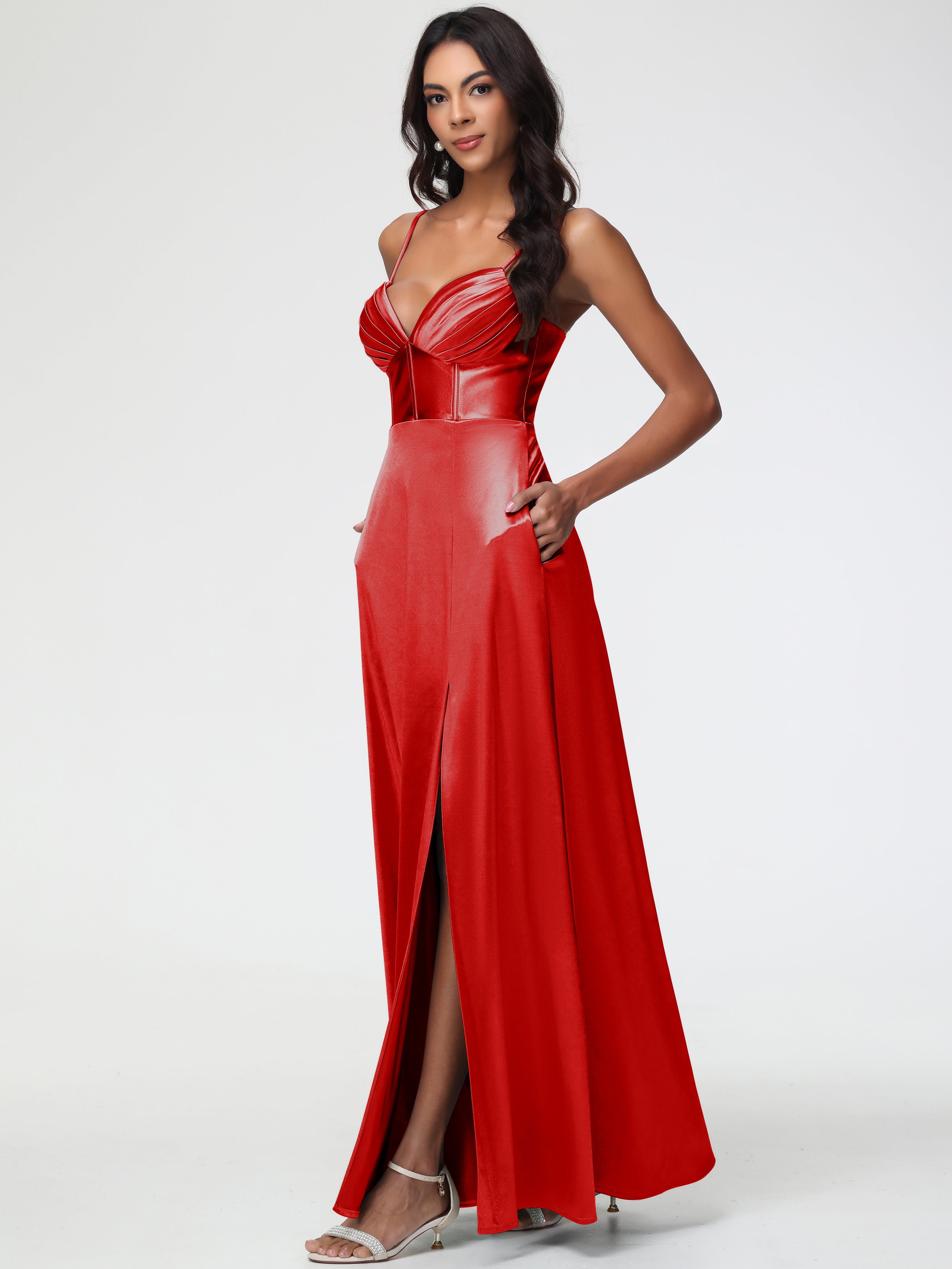 Red Bridesmaid Dress Simple Spaghetti Straps Elegant V-Neck Floor Leng Red Bridesmaid Dress Simple Spaghetti Straps Elegant V-Neck Floor Leng