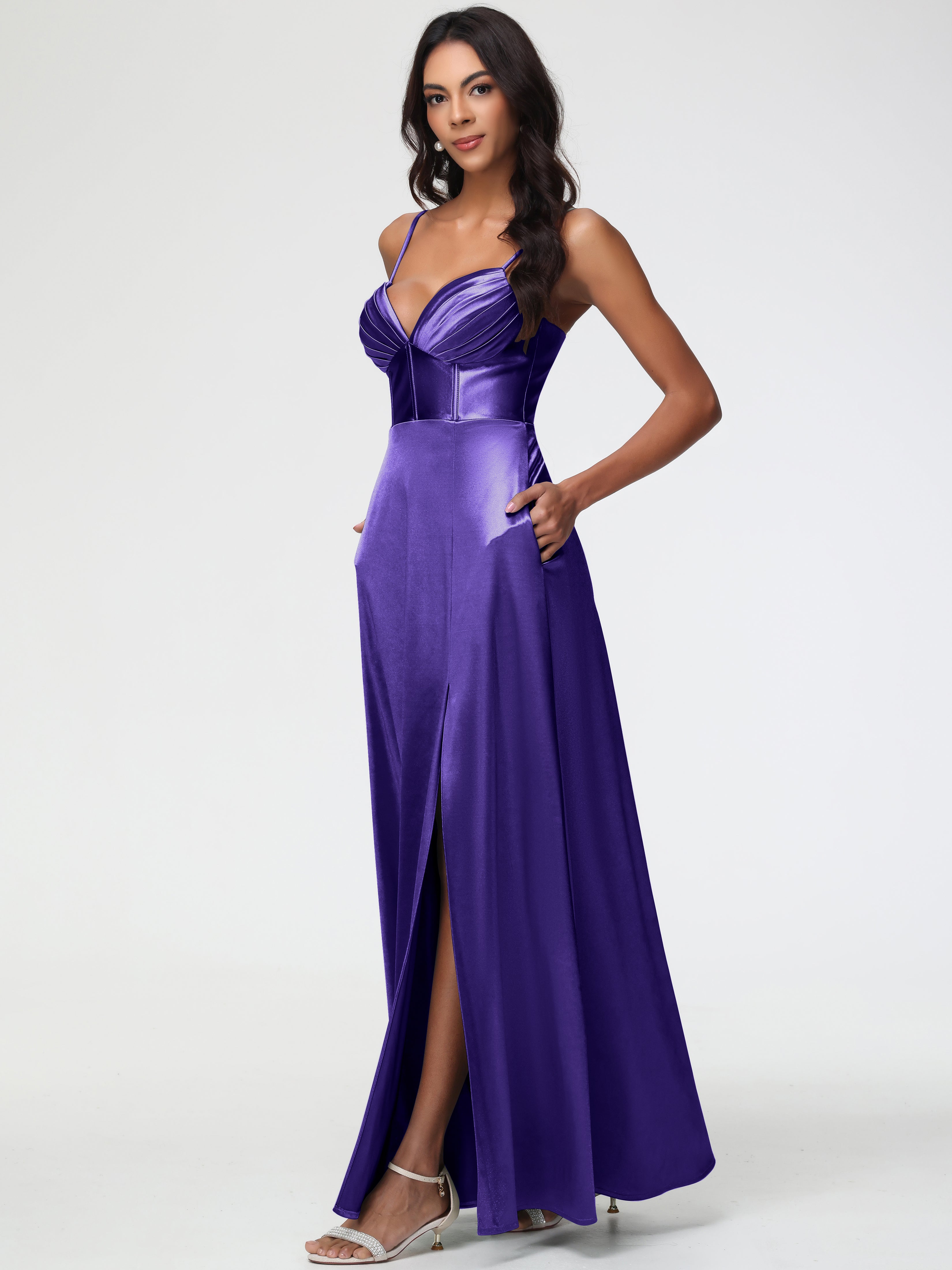 Regency Purple Bridesmaid Dress Simple Spaghetti Straps Elegant V-Neck Floor Length Stretch Satin Bridesmaid Dress With Slit Regency Purple Bridesmaid Dress Simple Spaghetti Straps Elegant V-Neck Floor Length Stretch Satin Bridesmaid Dress With Slit