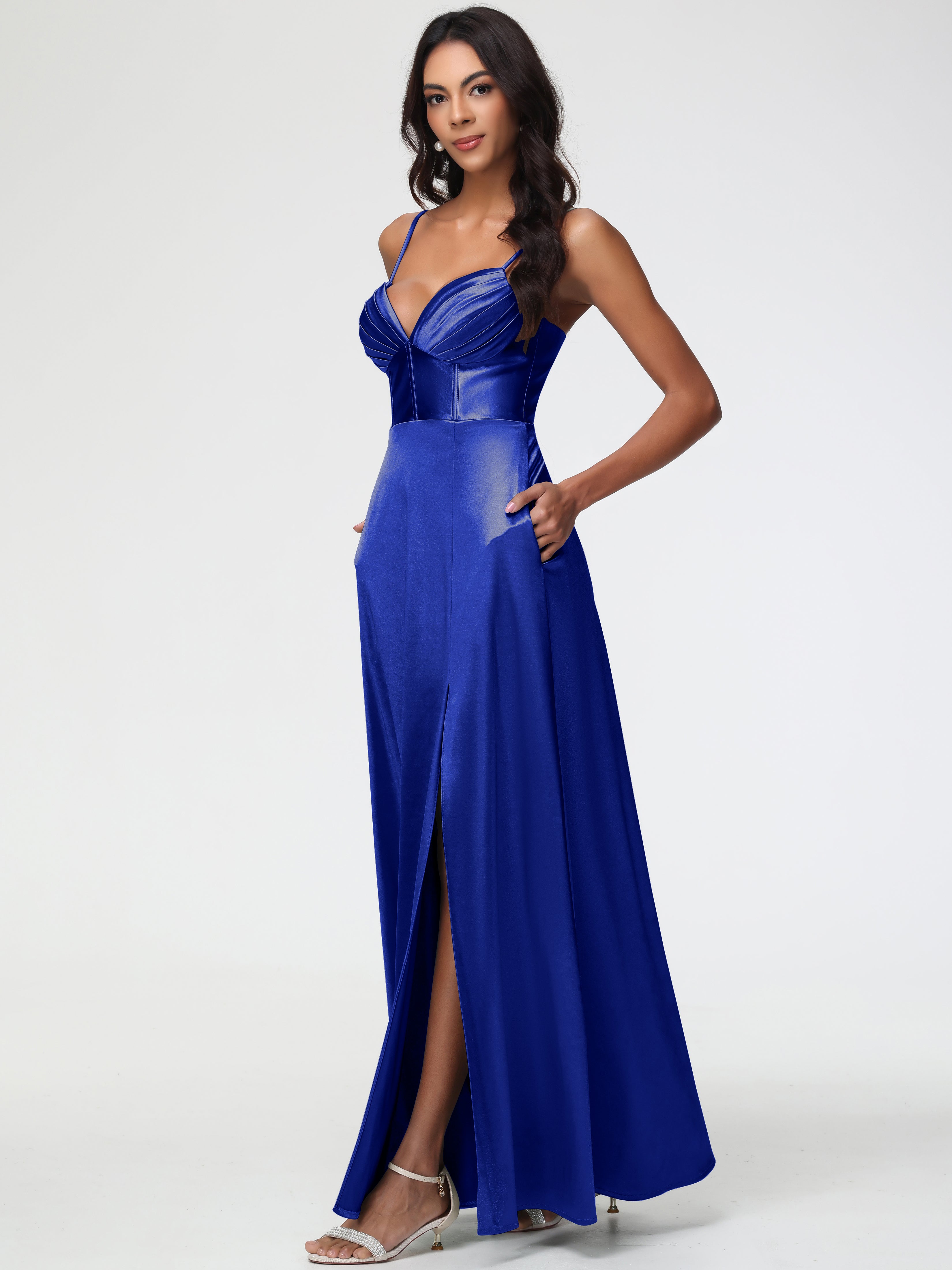 Royal Blue Infinity Dress Bridesmaid Simple Spaghetti Straps Elegant V-Neck Floor Length Stretch Satin Bridesmaid Dress With Slit Royal Blue Infinity Dress Bridesmaid Simple Spaghetti Straps Elegant V-Neck Floor Length Stretch Satin Bridesmaid Dress With Slit