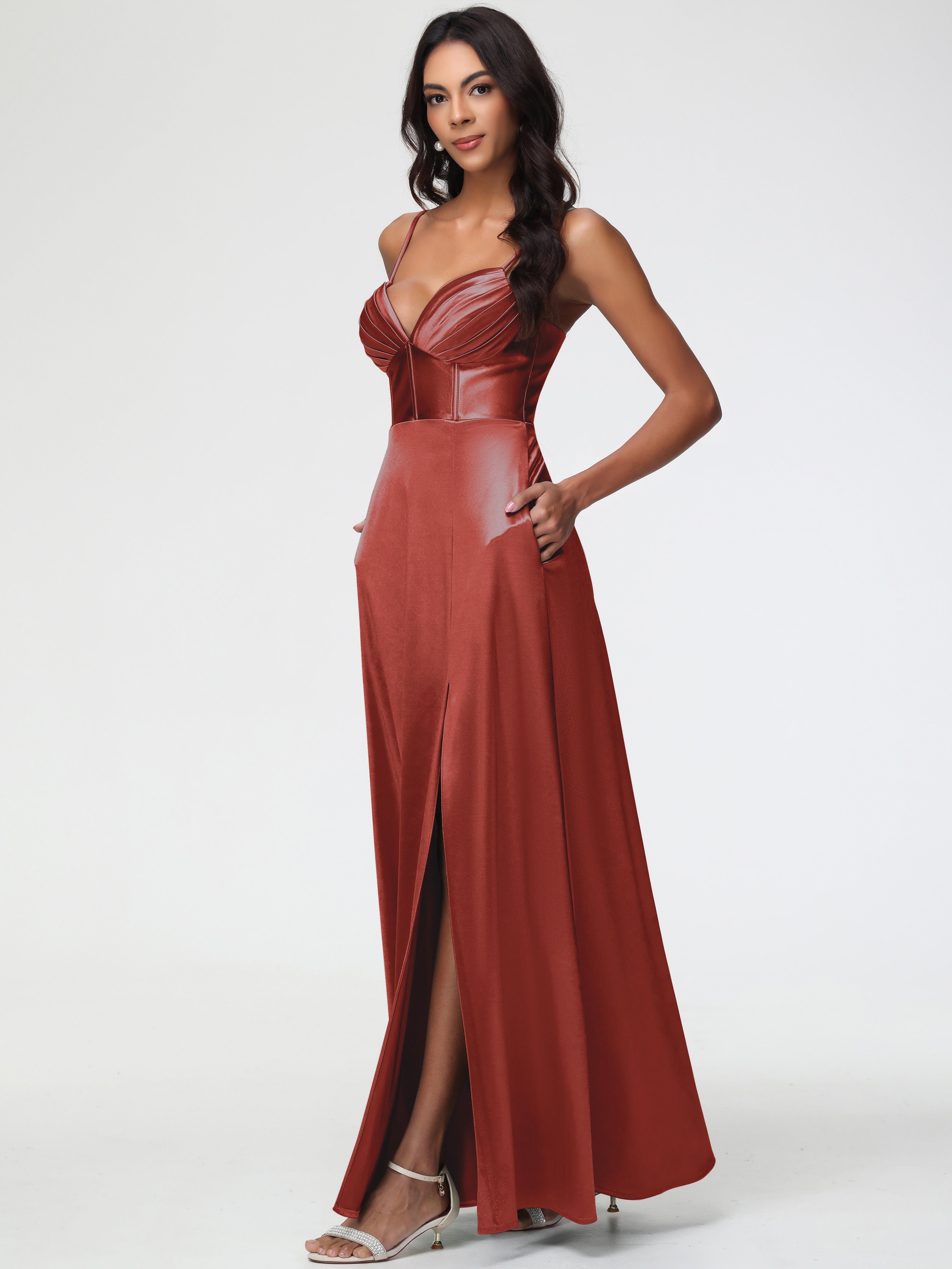 Rust Color Dress Formal Simple Spaghetti Straps Elegant V-Neck Floor Length  Stretch Satin Formal Dress With Slit
