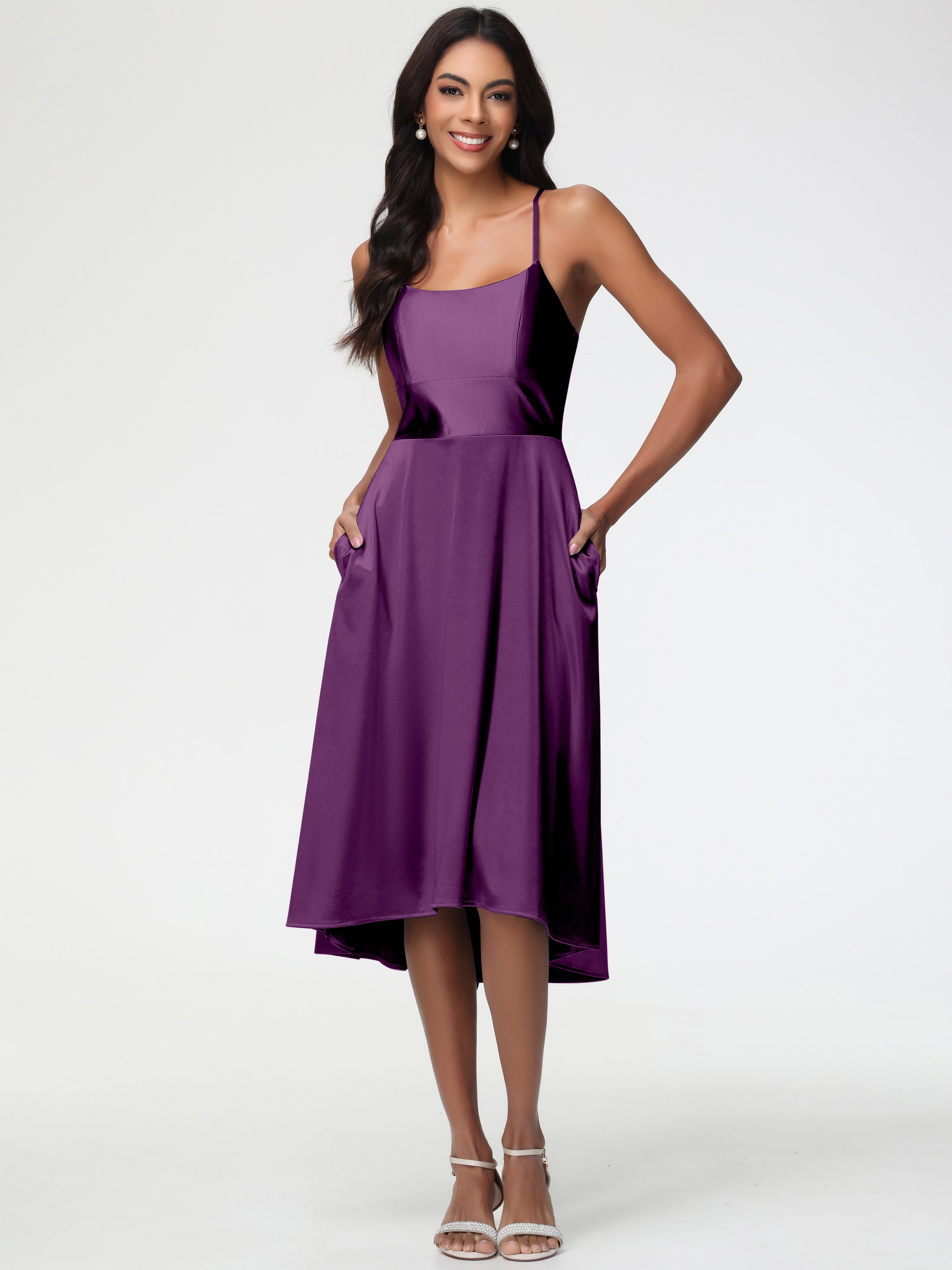 Grape Bridesmaid Dresses Minimalist A Line Spaghetti Straps Sleeveless Stretch Satin Bridesmaid Dress