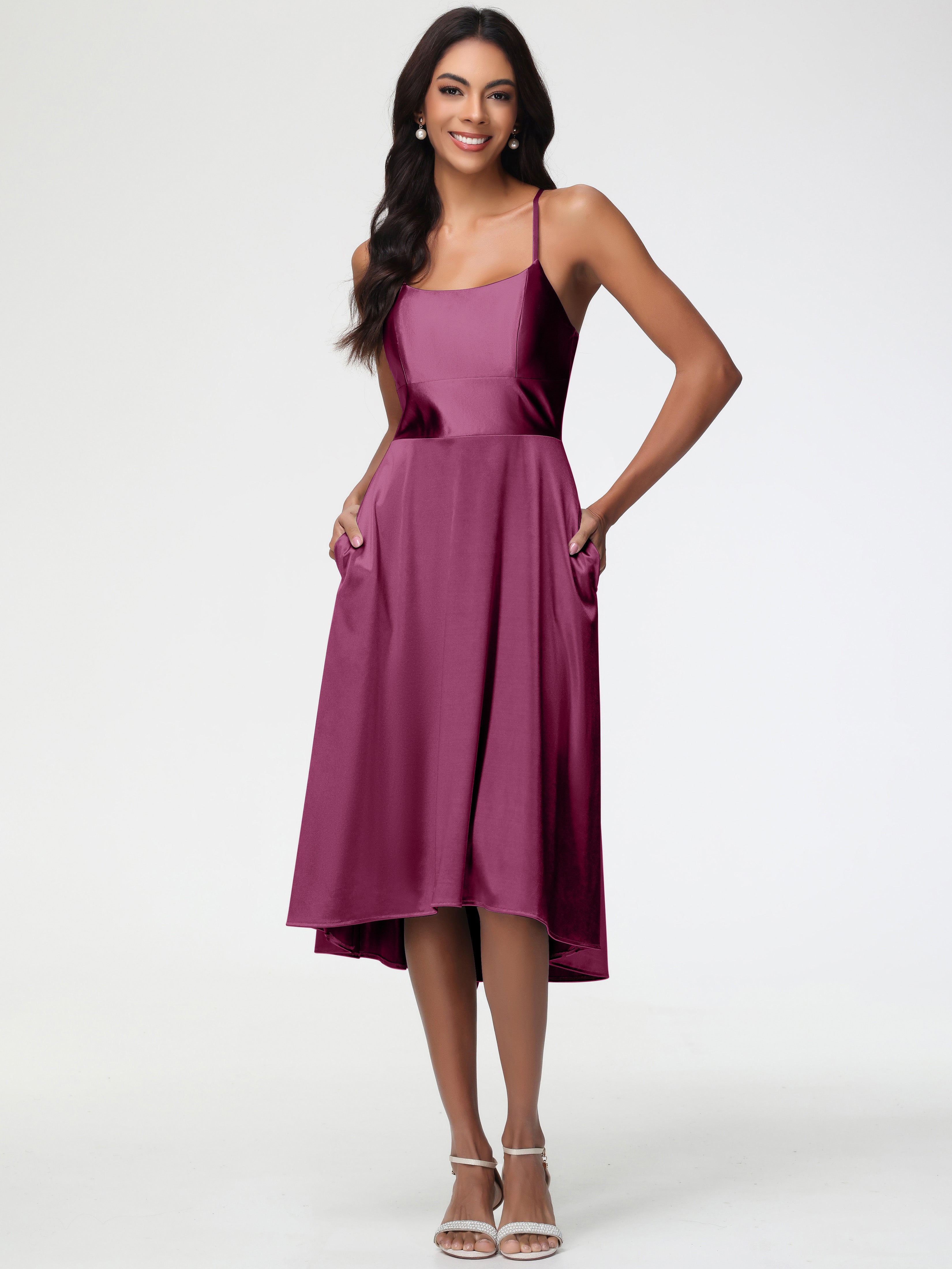 Mulberry Formal Dresses Minimalist A Line Spaghetti Straps Sleeveless Stretch Satin Formal Dress